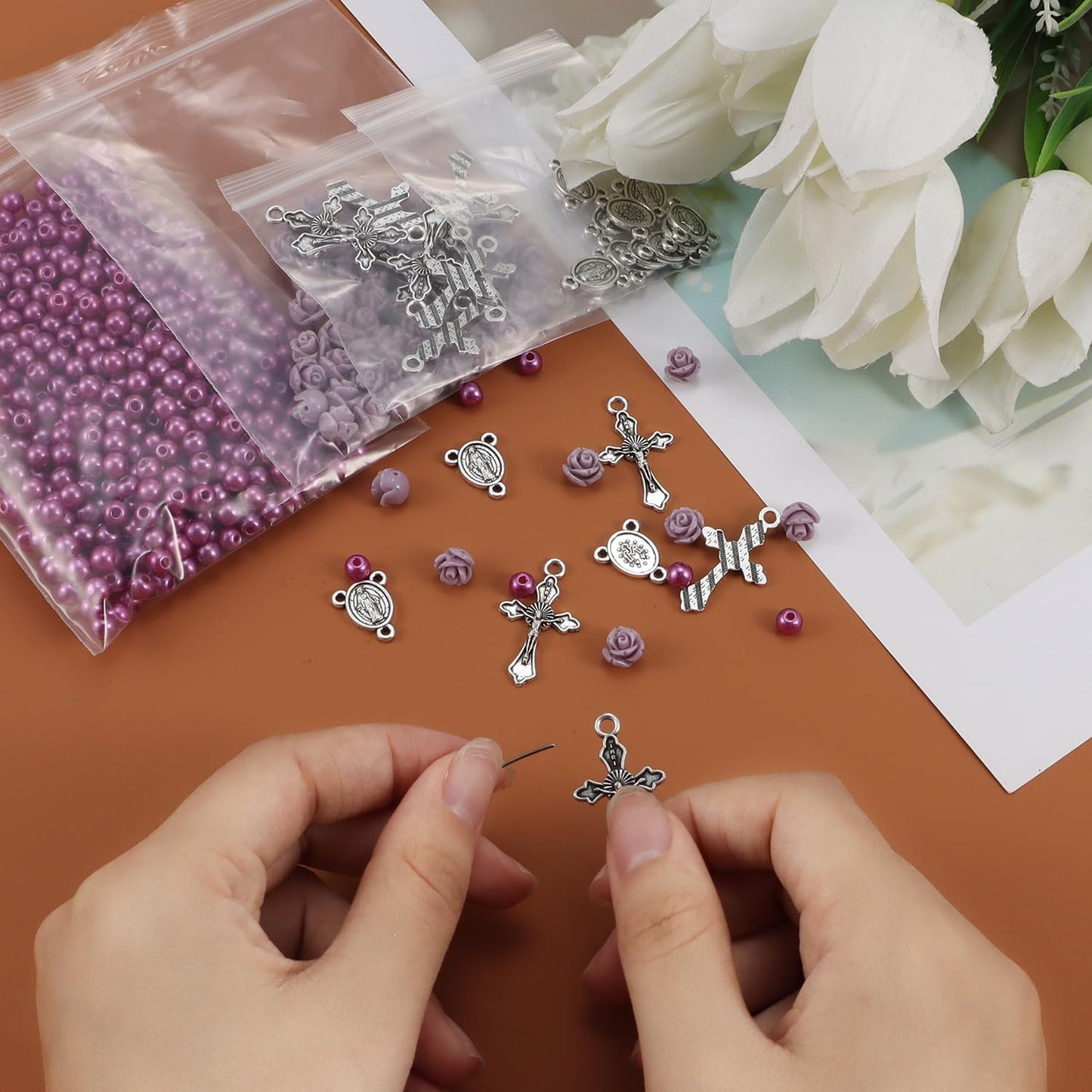 OEMOO 1410PCS Rosary Jewelry Making Kit Rosary Prayer Making Supplies Carved Rose Beads Cross Centerpiece Crucifix Medal, Silver Jesus Maria Pendant for Rosary Bracelet Necklace Jewelry (Purple)