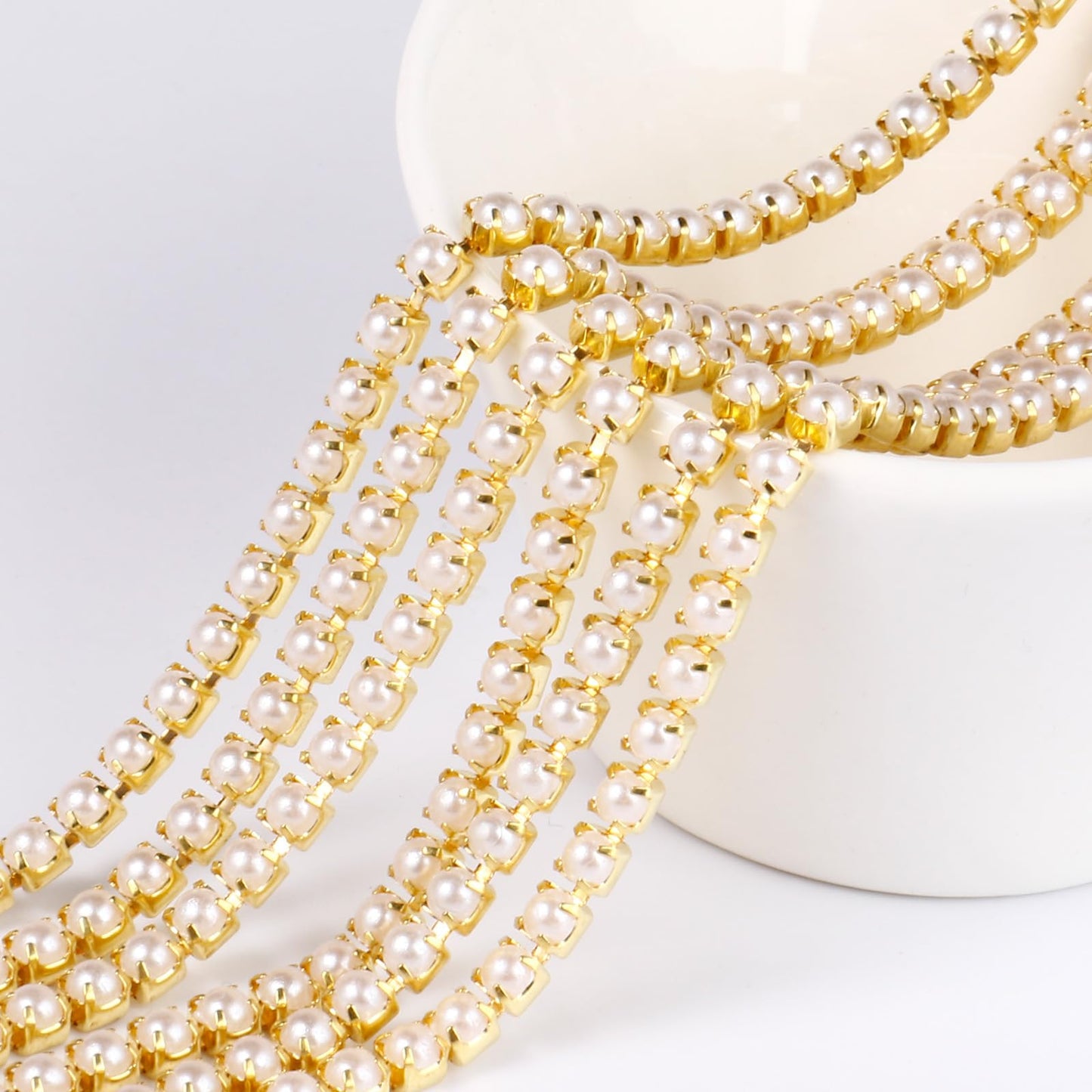 Pearl Trim Close Chain, [10 Yards/ 3.0MM] Gold Pearl Beaded Cup Chain Applique Trim for Sewing Crafts DIY Jewelry Making Clothing Wedding Party Decoration