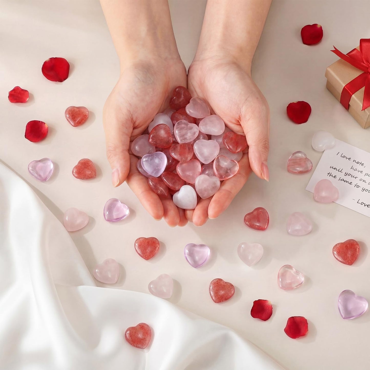Joyfolk 120 Pcs Pink Heart Crystals Stones Bulk Inspirational Worry Love Healing 0.8 Inch Red Pink Rose Quartz Stones Gift Heart Rock Pocket Polished Gems Crystal Gemstones Decor Gift for Women