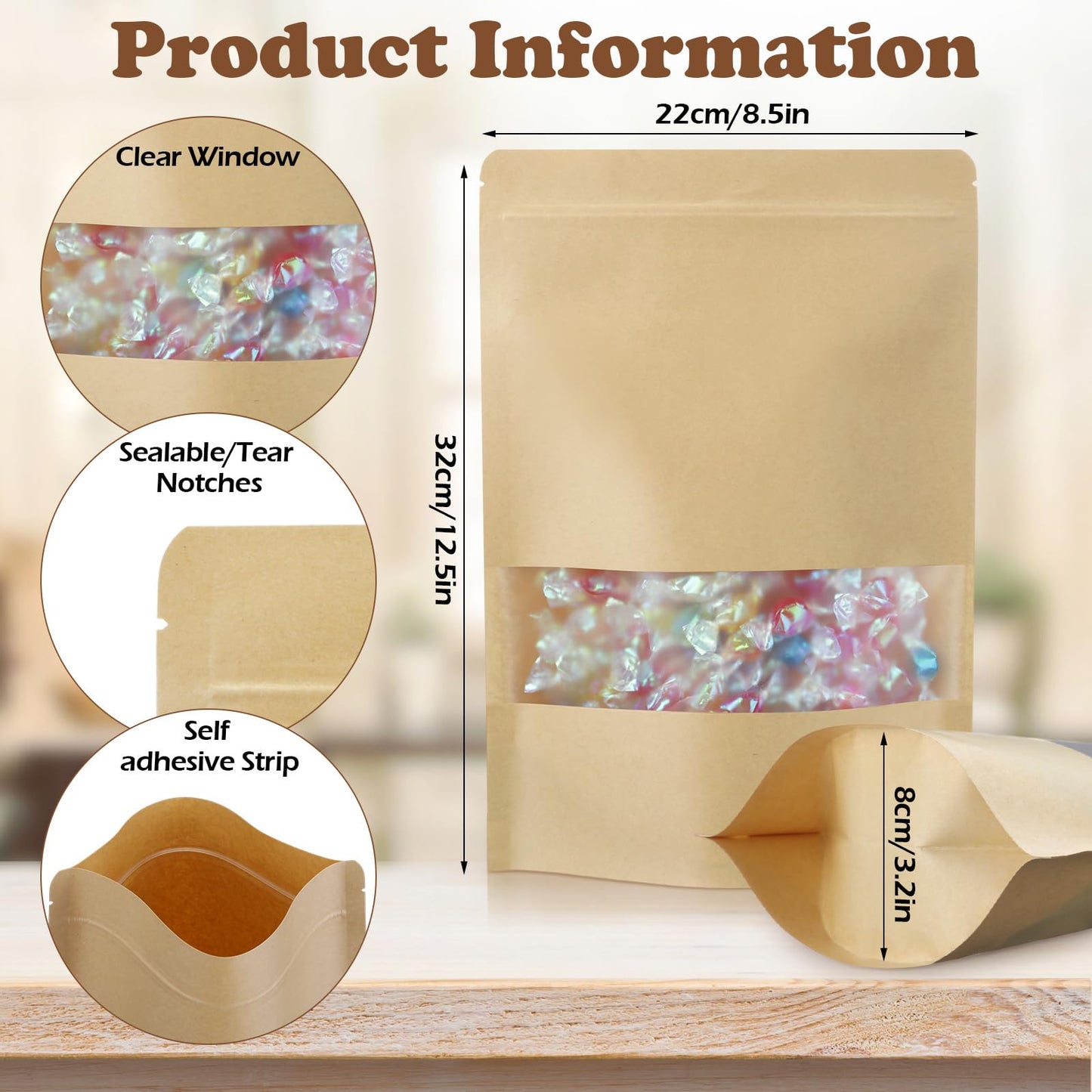 Geosar 150 Pcs Stand up Kraft Pouches with Window 8.5 x 12.5 Inch Kraft Paper Sealable Pouches with Notch Heat Sealable Resealable Bags for Small Business, Zipper Food Storage for Packaging, Snacks
