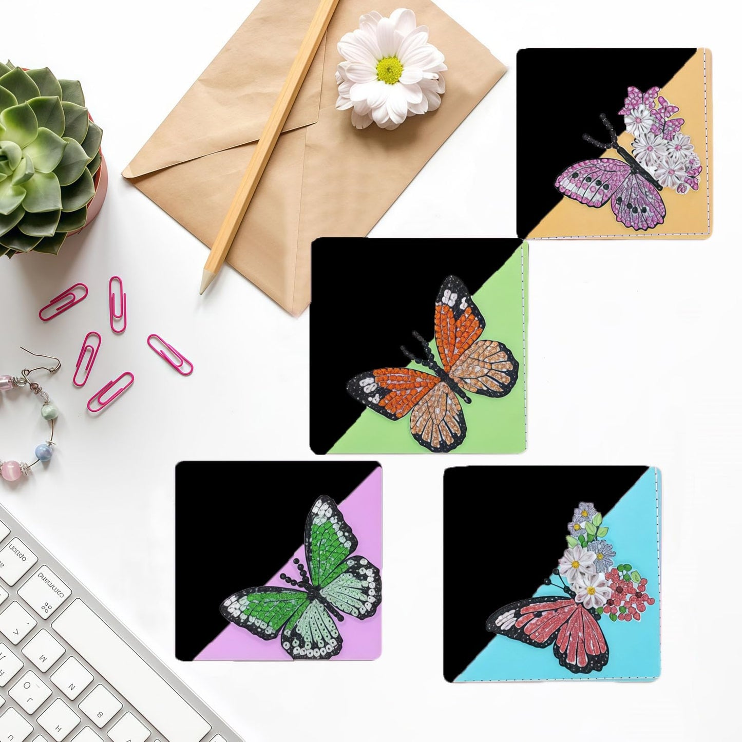 DDGYP 6 PCS Diamond Art Bookmarks, 3.94X3.94 Inch PU Leather DIY Corner Bookmarks with Butterfly & Flower Patterns, Diamond Painting Kits for Adults Book Lovers Home Reading Craft Gift