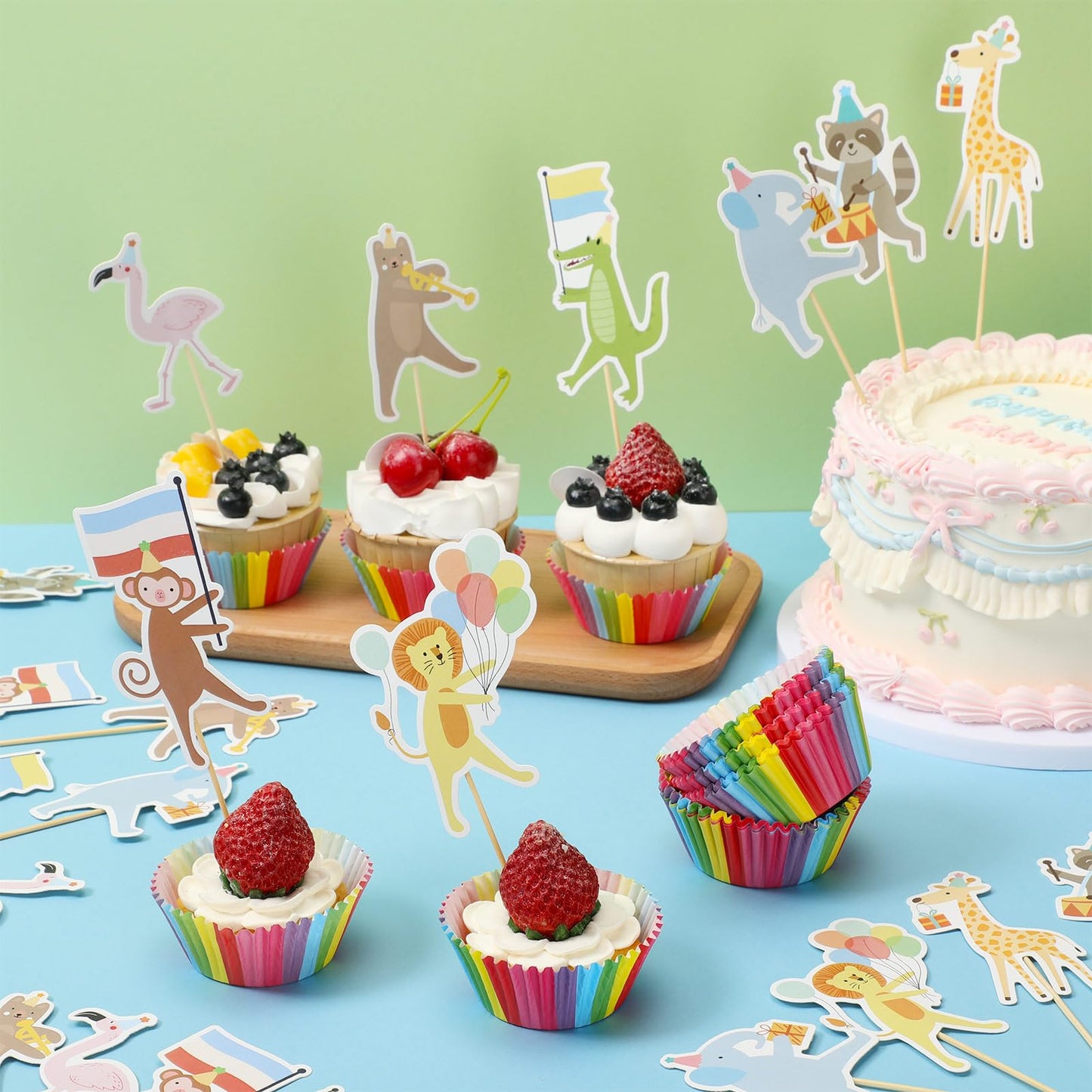 Potchen 148 Pcs Safari Cupcake Toppers and Rainbow Cupcake Liners Animal Parade Woodland Jungle Cake Decorations for Baby Shower Zoo Wild Animal Birthday Party Supplies