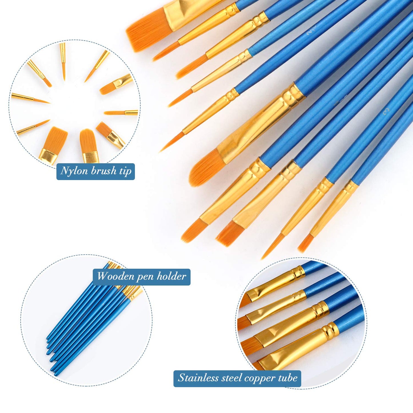 Acrylic Paint Brush Set, (20 Packs /200 pcs) Nylon Hair Brushes for Oil and Watercolor, Perfect Suit of Art Painting, Best Present for Painting, Blue