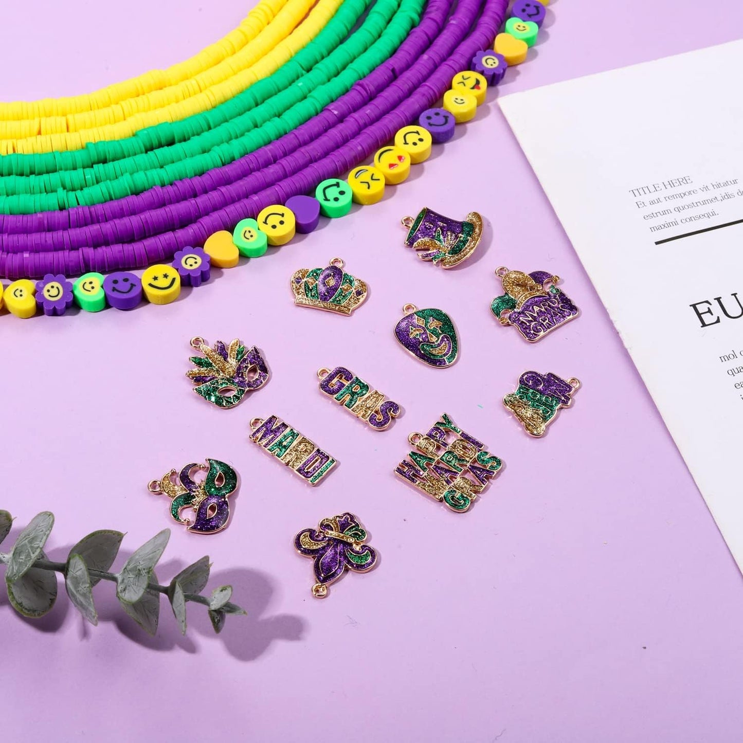 3000PCS+ Mardi Gras Clay Beads for Jewelry Making, Gold Purple Green Polymer Clay Heishi Beads, Enamel Jestyer Crown Mask Fleur De Lis Charms for Bracelet Necklace Making DIY Crafts (Mardi Gras)