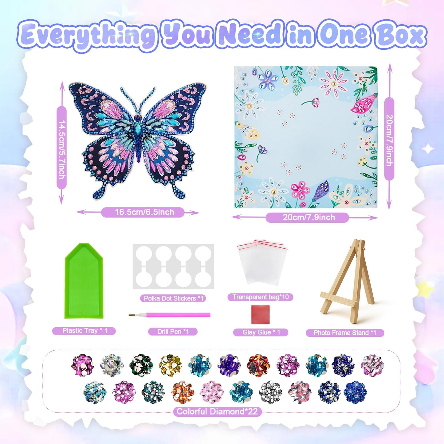 Arts and Crafts for Kids Ages 8-12, Diamond Art Kits for Kids, Birthday Gifts for 6 7 8 9 10 11 12 Years Old Girl, Gem Art Butterfly Kit for Teen Girl, DIY Crafts Toy with Frame for Room Decor (Blue)