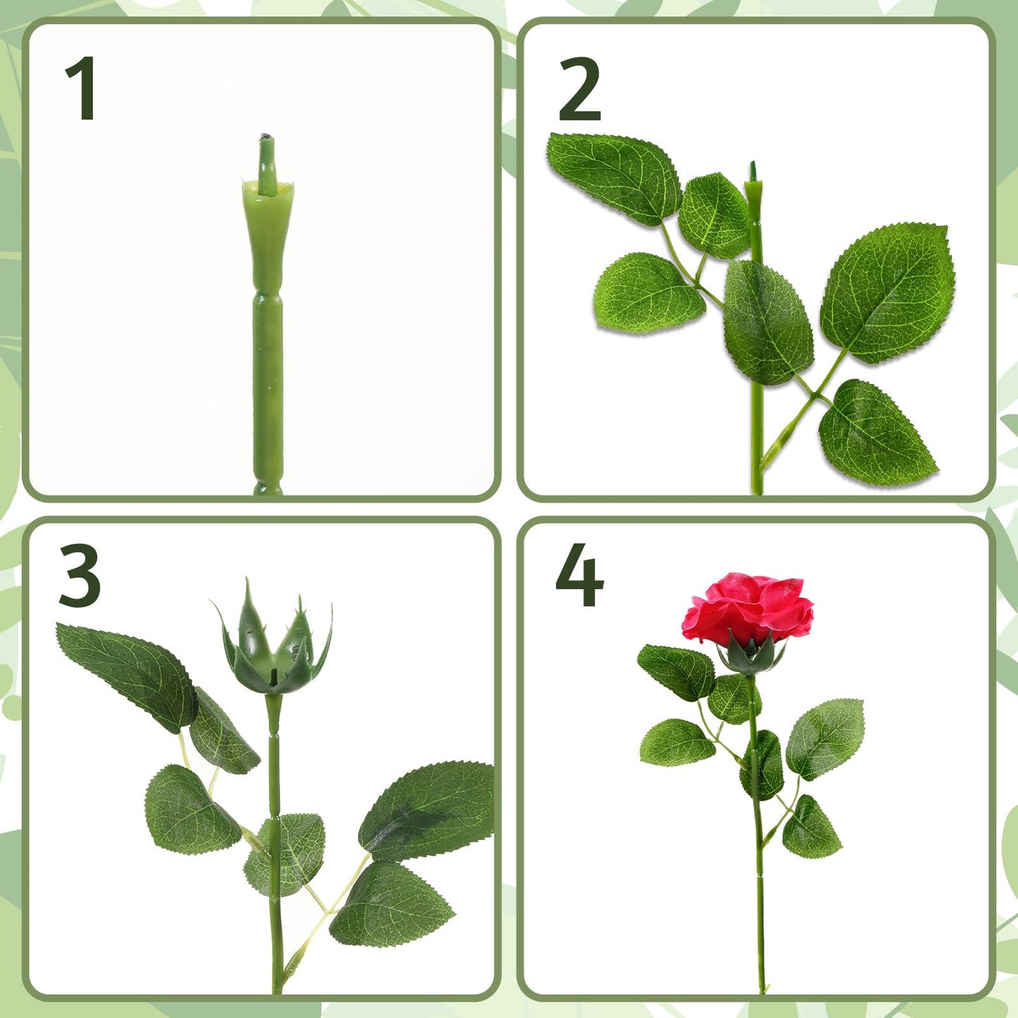 Bruislard 60Pcs Floral Wire Stem with Leaves and 60PCS Artificial Flower Calyxes Set, Floral Rose Arrangement Supplies for Wedding Party, DIY Craft