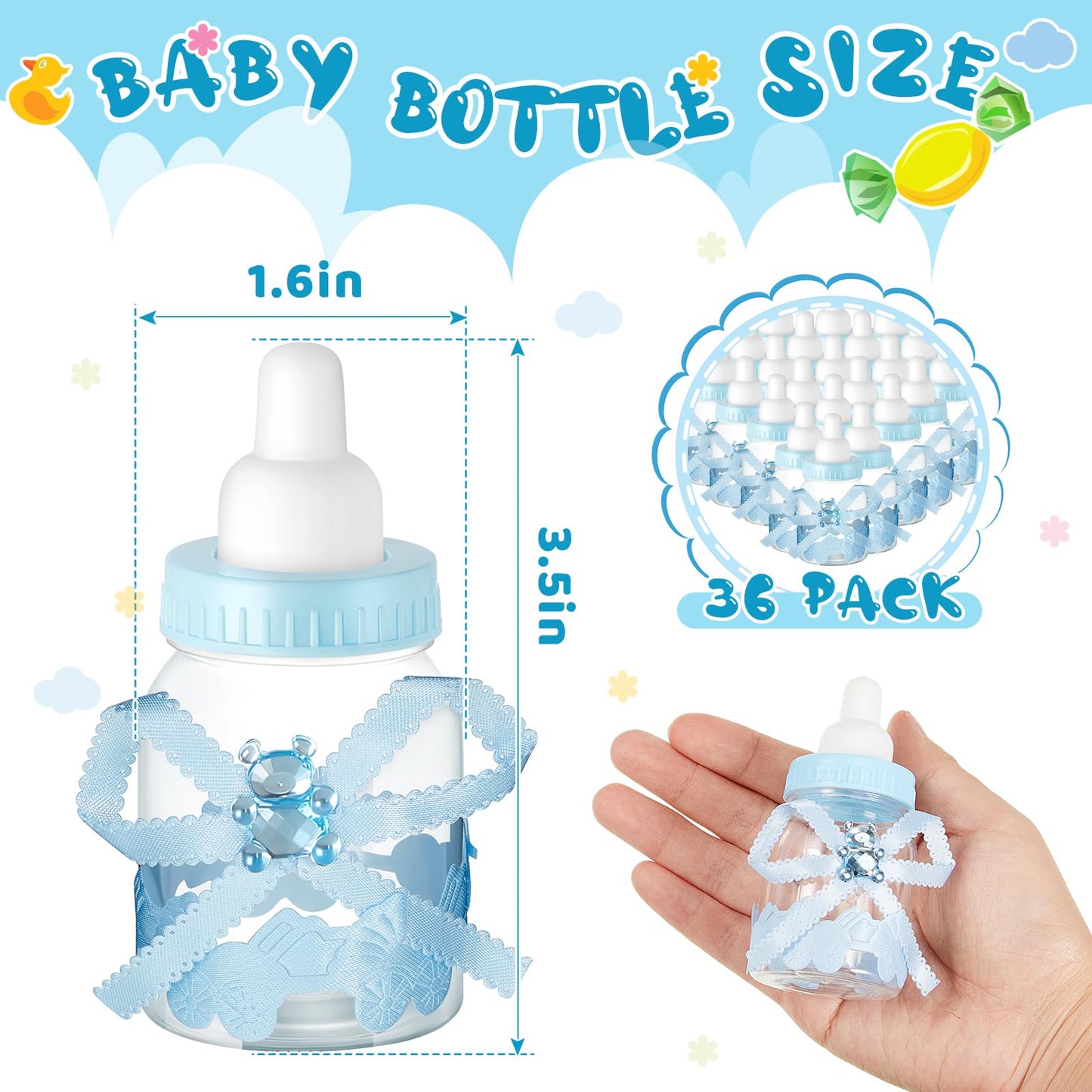 Nuenen 36 Pcs Baby Bottle Party Favors Plastic Mini Milk Bear Bottles for Baby Shower Decorations and Centerpieces Candy Jar with Ribbon for Gifts(Blue,Stylish)