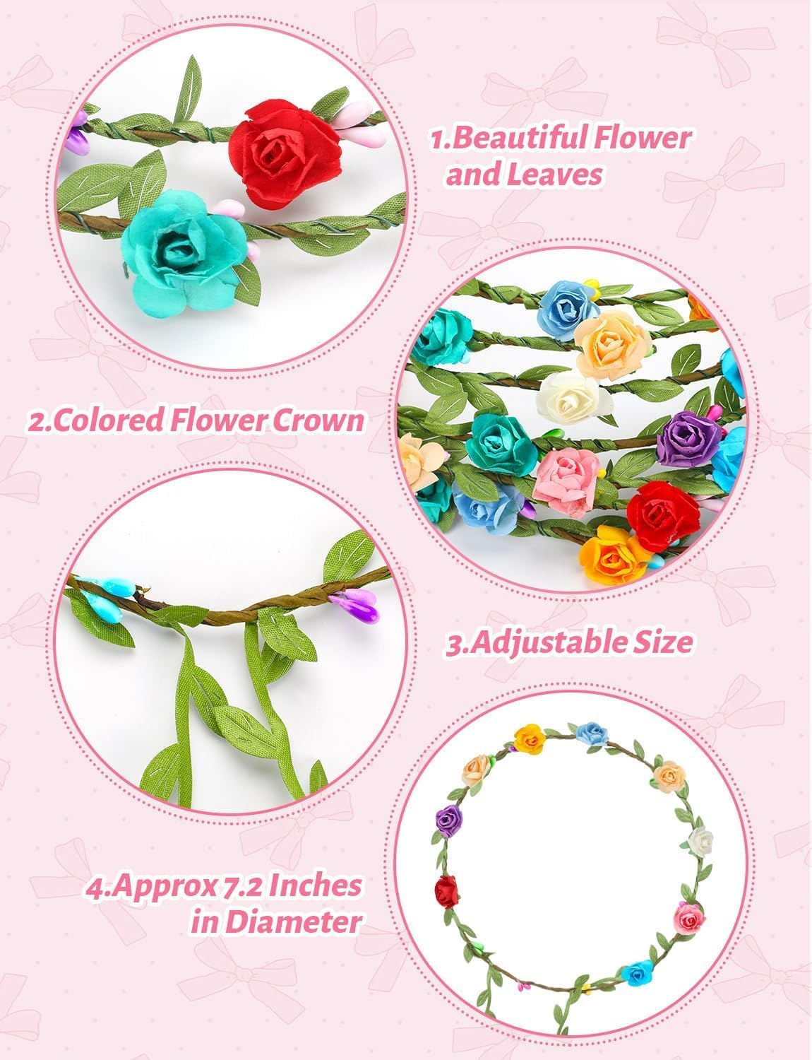 LSLYHTC 20 Pieces Flower Crown Headbands for Women Girls, Adjustable Floral Wreath Garland Headpiece, Multicolor Boho Flower Tiara for Wedding Festival Easter Party Photography Props