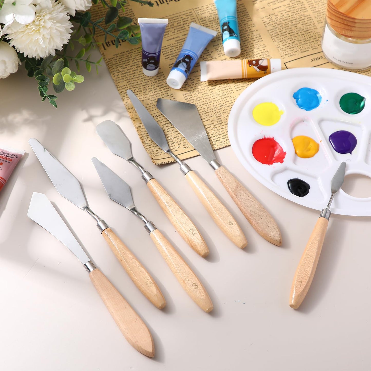 Honoson 7 Pieces Painting Knife Set Spatula Palette Knife Stainless Steel Drawing Scraper Oil Painting Accessories with Wood Handle for Art Acrylic Draw Color Mixing Supplies(Wood Color)