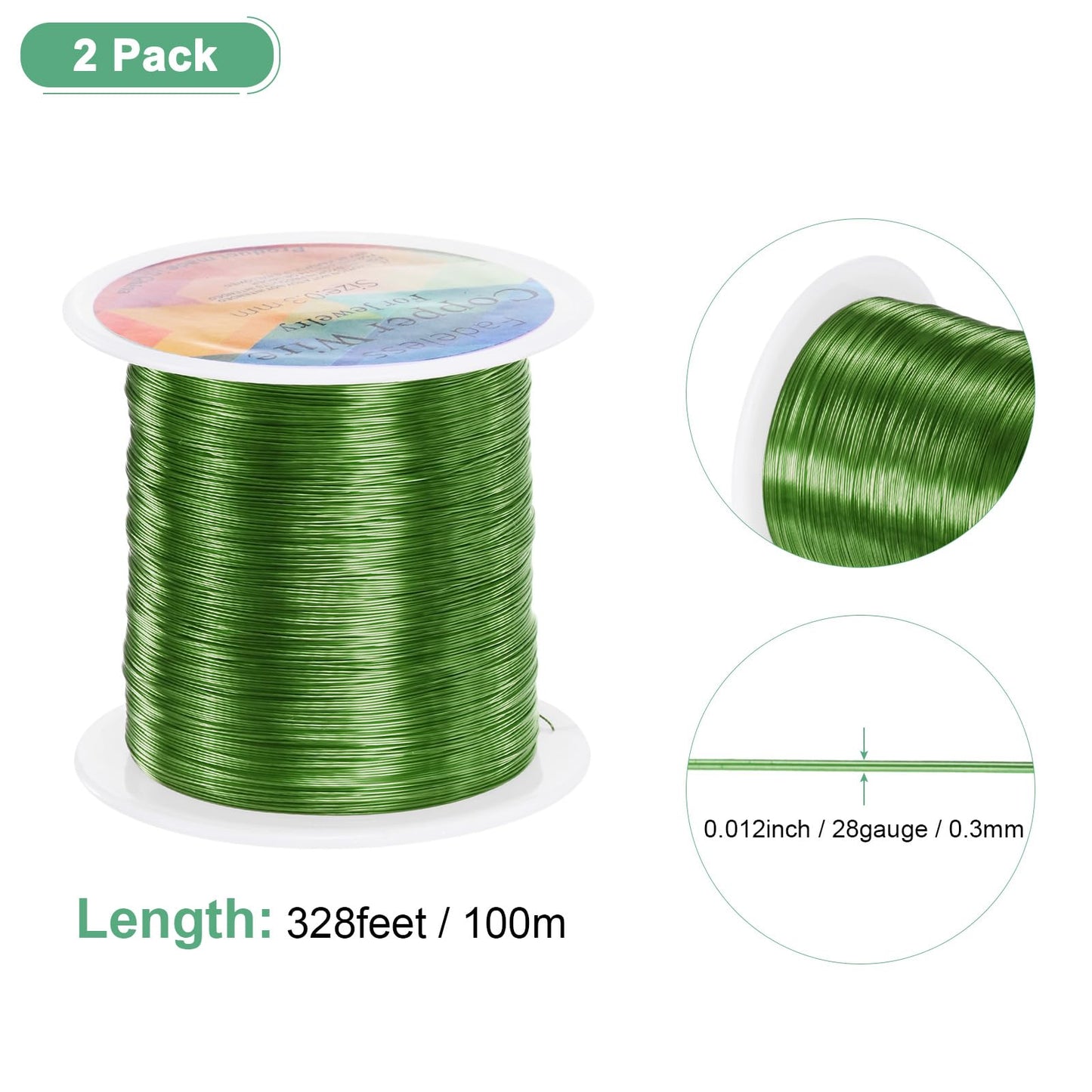 M METERXITY 2-Rolls 0.3mm Jewelry Wire, 28 Gauge 328FT Craft Wire Copper Beading Wire for Jewelry Making/Planting/Weaving/DIY Crafting, Soft Metal Wires [100M, Green]