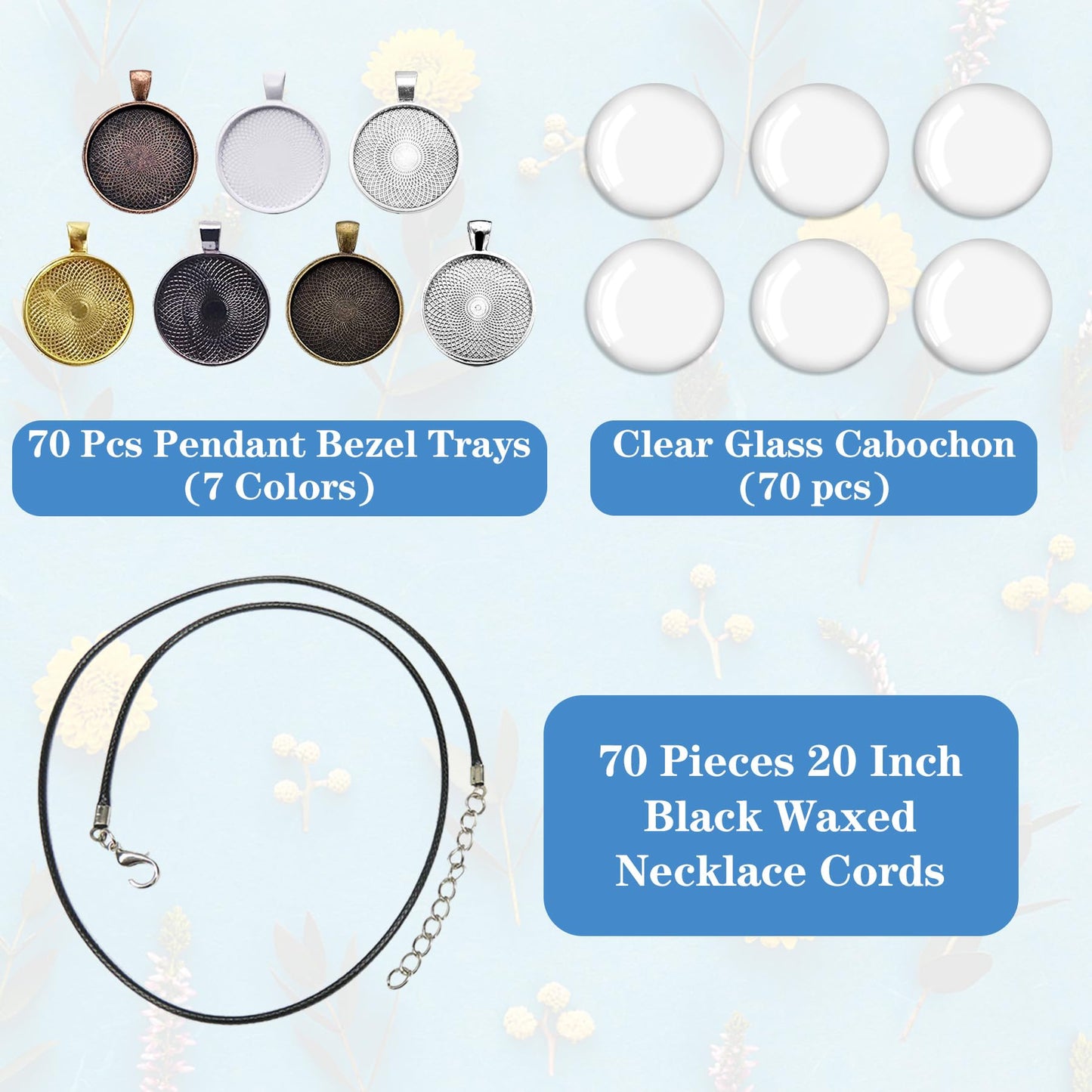 Csdtylh 210Pcs Pendant Trays Kit, Bezel Pendant Trays Charms Bulk with Glass Cabochon and Necklace Cords Set for Homemade Necklaces, Jewelry Making, DIY Crafts, Resin Art and Paint Pour Skins