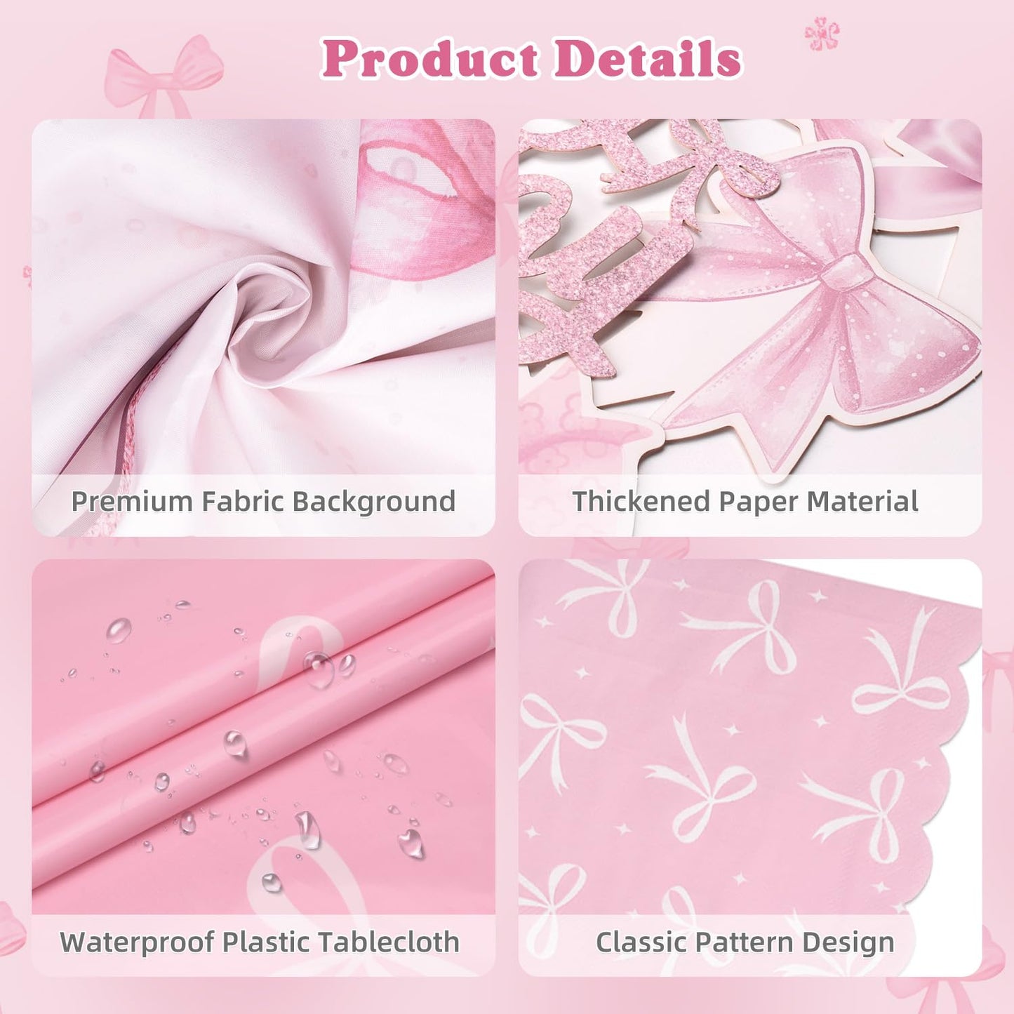 Pink Bow Coquette Birthday Decorations for 24 Guests, Party Supplies with Plates, Napkins, Cups, Balloon Garland Arch, Happy Birthday Banner, Tablecloth, Backdrop, Cake & Cupcake Toppers