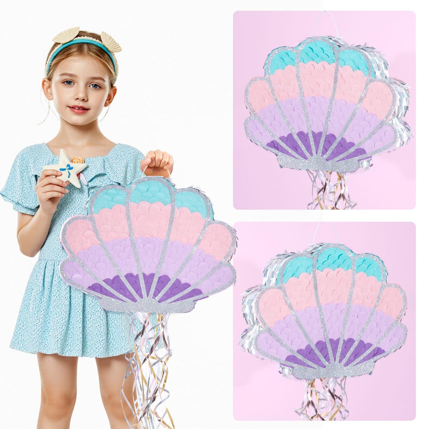 Wernnsai Mermaid Seashell Piñata - Pink Shellfish Piñatas for Kids Girls Birthday Mermaid Princess Party Decorations Under The Sea Ocean Theme Party Games With Bat Blindfold 16“ x 12.5" x 3"