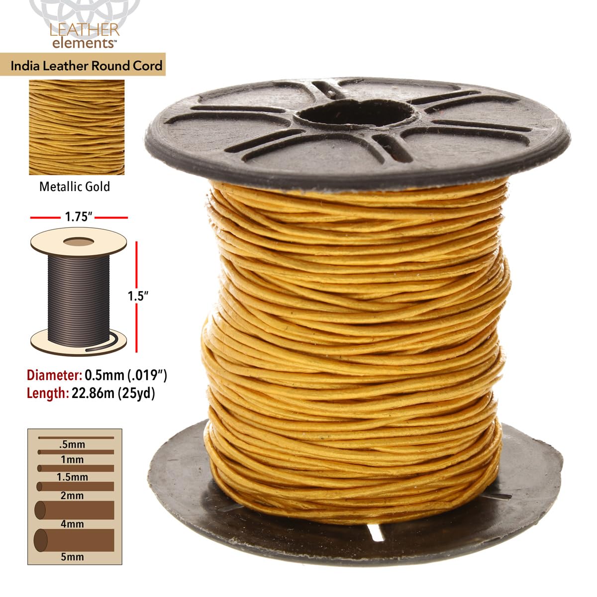 The Beadsmith Leather Cord – Metallic Gold – .5mm Spool – 25 Yards/22.86 Meters – Indian Leather Thong Ideal for Braiding, Beading, Necklaces, Fine Lacing, Hair Accessories & DIY Jewelry Making