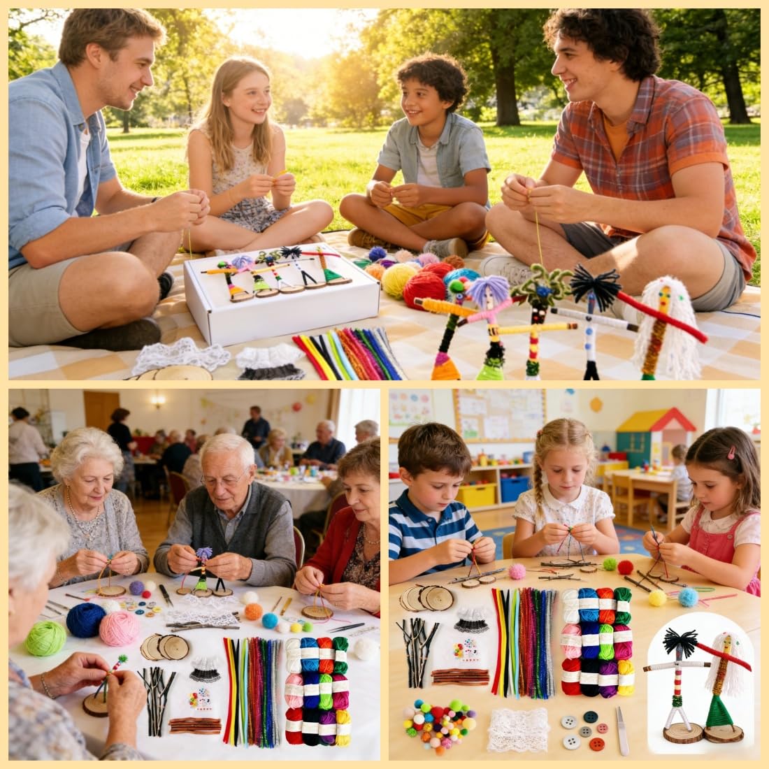 Qupace 5 Sets Wooden Doll DIY Craft Kits, All-in-One Art Supplies with Yarn, Pipe Cleaners, Pompoms, Googly Eyes, Lace, for Kids & Adults, Party Activities, Birthday Gifts, School Art Projects