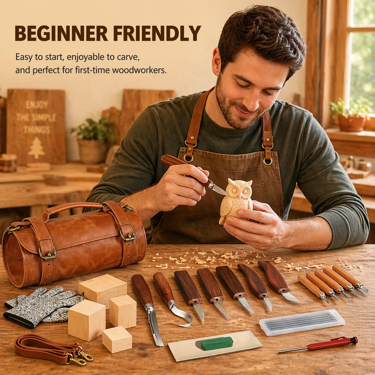 Deluxe Wood Carving Kit, 26Pcs Whittling Tools with 6 Basswood Blocks & Leather Case, High-Carbon Steel Knives, Safety Gloves, Woodworking Set for Beginners Adults DIY Craft Gifts