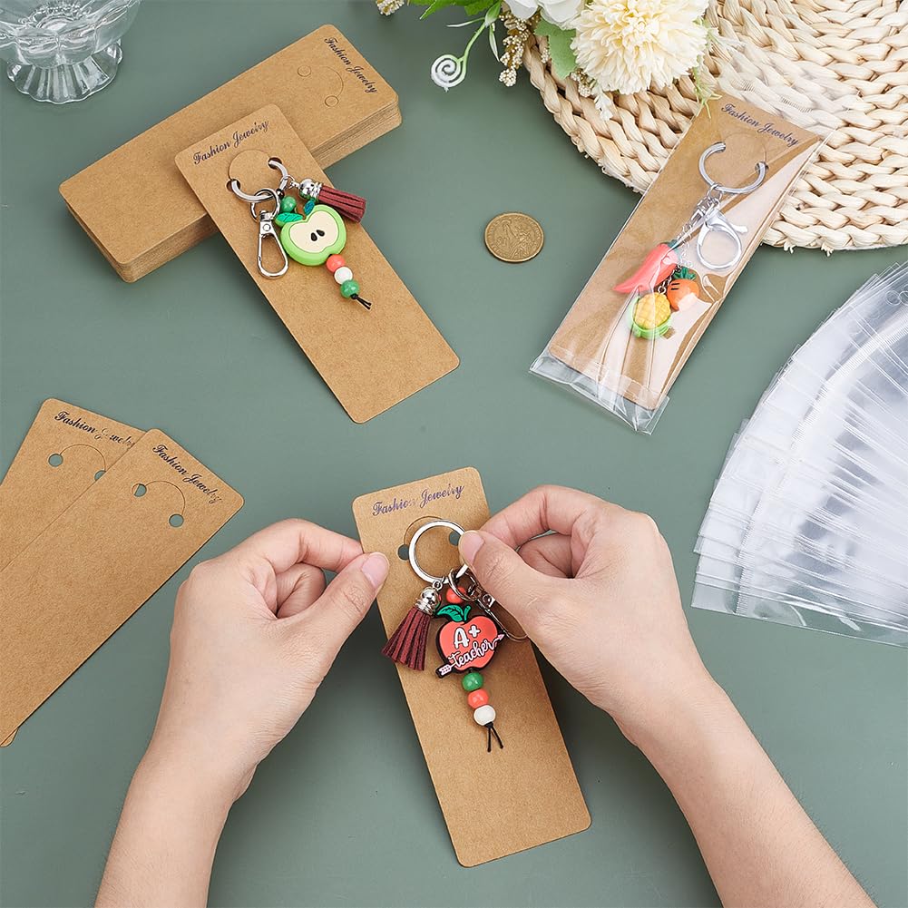 PH PandaHall 120 Sets Keychain Display Cards with Self-Sealing Bags, 5.9x2 Inch/ 15x5.3cm Long Keychain Cards Holder Paper Keyring Display Holder for Displaying Keyring Keychains Jewelry, Burlywood