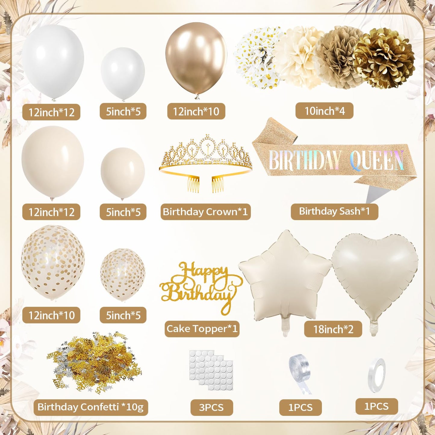 Birthday Decorations for Women, Golden Birthday Party Decorations, White Sand Beige Gold Balloons Tablecloth Birthday Sash Crown Fringe Curtain Butterfly Decor Gold Party Decor for Women Girls Bday