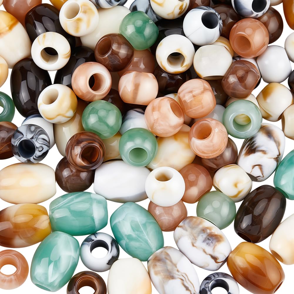 PONABEADIY 1 Box 150PCS Acrylic Large Hole Hair Beads Round Oval Opaque European Imitation Painted Stone Loose Spacer Polished Barrel Macrame Bead Bulk for Jewelry Making Bracelet Necklaces DIY Craft