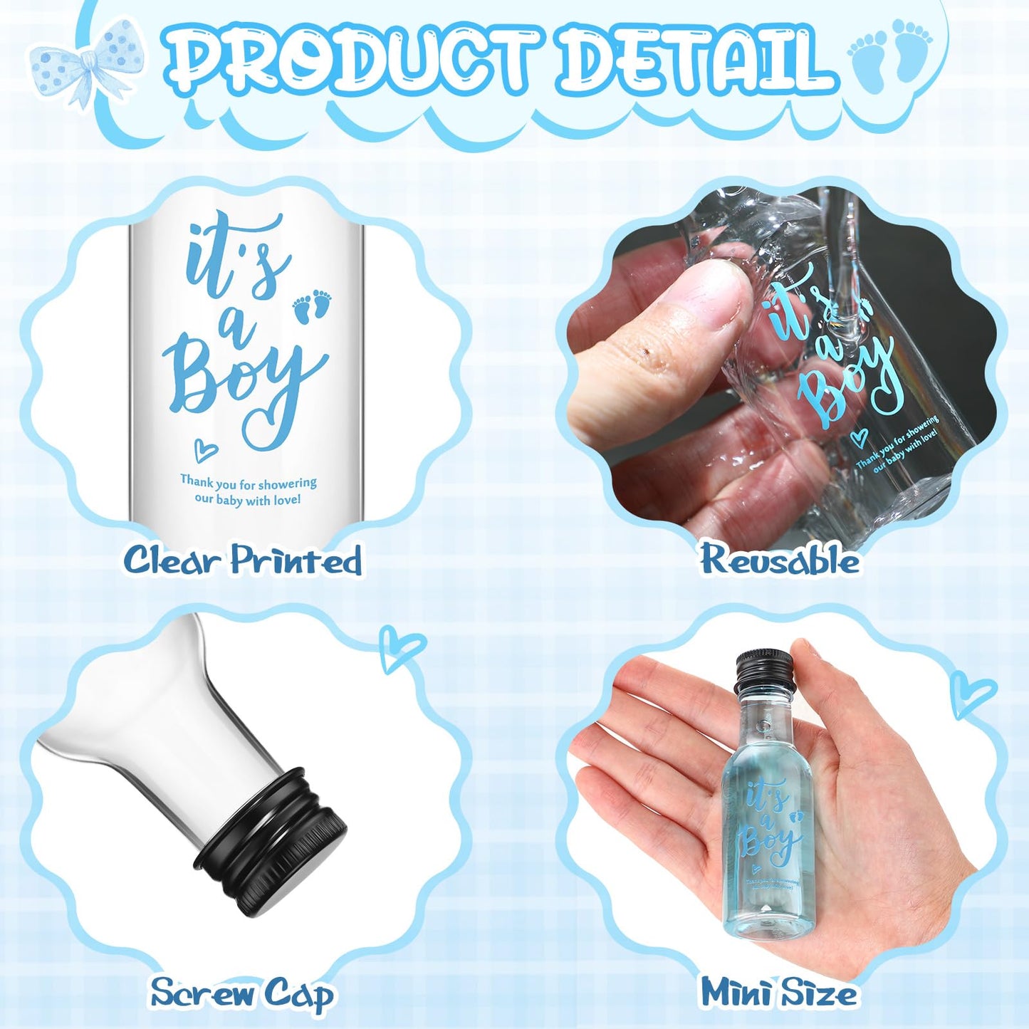 Boao 50 Pcs Baby Shower Favors for Guests Include 50 It's a Boy 1.7oz Mini Empty Plastic Alcohol Shot Bottles with 1 Funnel Baby Shower Return Gift for Guests Gender Reveal Gifts Ideas