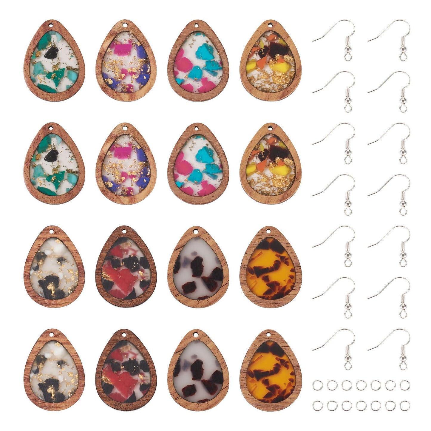 Boutigem 56Pcs Wood Dangle Earring Charm Kit with Teardrop Resin Wood Pendants Earring Hooks Jump Rings for DIY Women Jewelry Making Necklace Keychain Decor