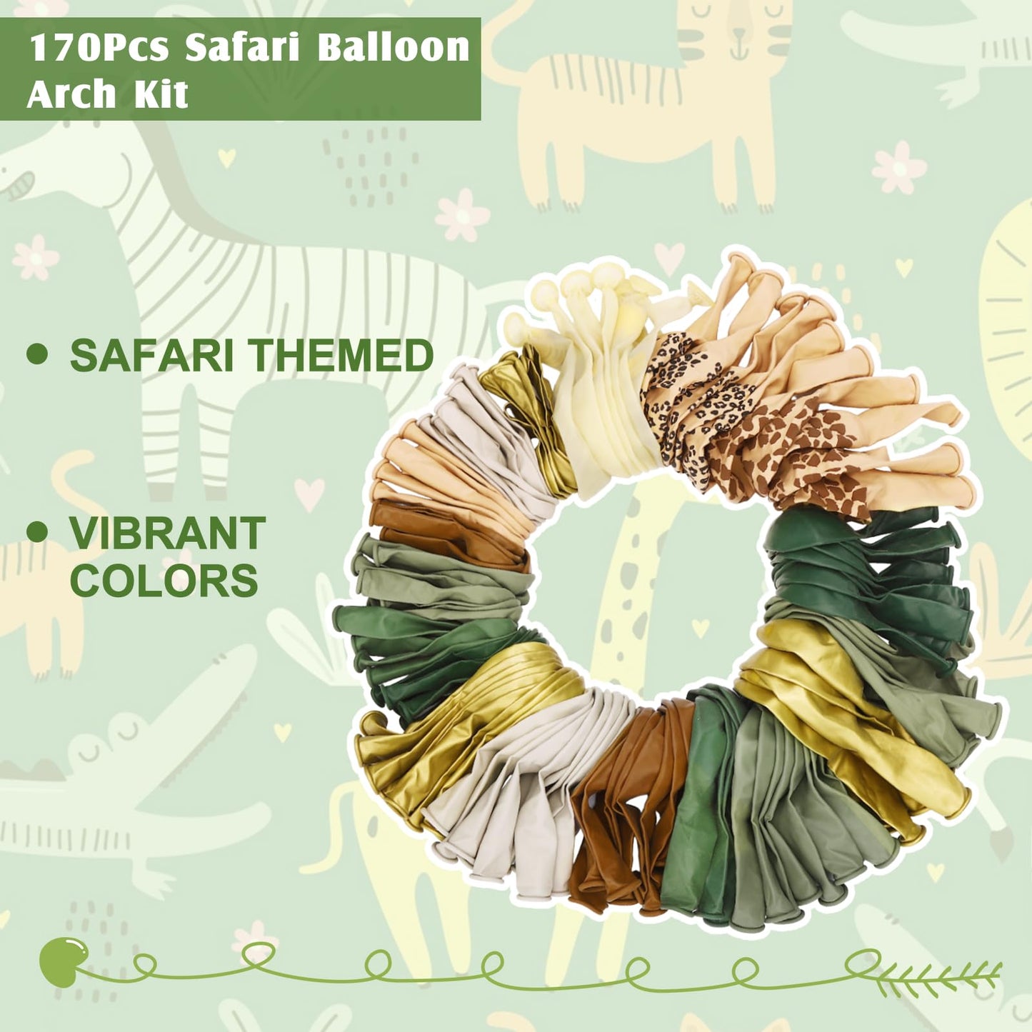 170Pcs Jungle Safari Balloons Arch Garland Kit, Sage Green Brown Animal Print Balloons Palm Leaves Wild One Safari Baby Shower Decorations for Boys Tropical Woodland Birthday Party Supplies