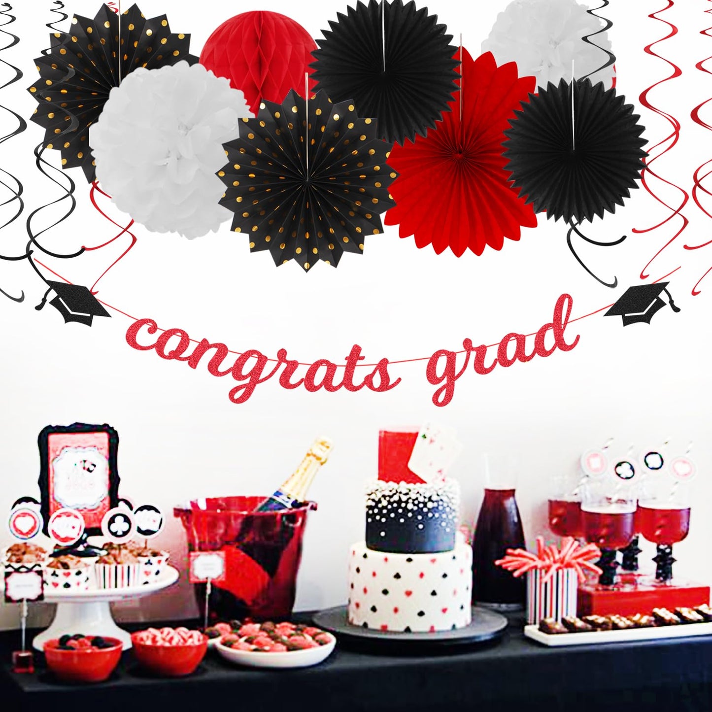 Red-Black White Party-Decorations Graduation Banner-Streamers - 18pcs Kits 2026 Congrate Grad Garland,Congratulations Paper Tissue Pom Poms Fan,Honeycomb Lanterns Decor Panduola
