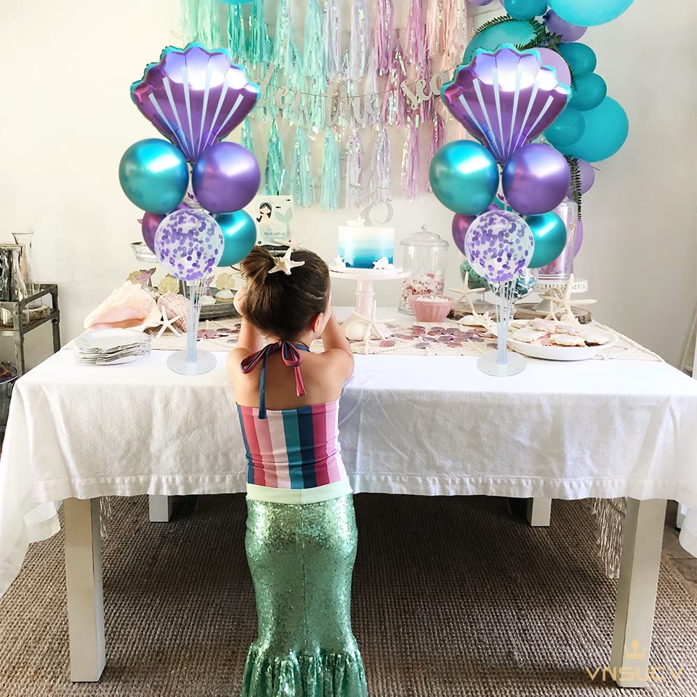 Mermaid Table Centerpiece Balloons Stand Kit 2 Sets with 2 Sea Shells Foil Balloons 14 Purple Blue Latex Balloons for Birthday Beach Mermaid Theme Sea Theme Party Mermaid Birthday Decorations