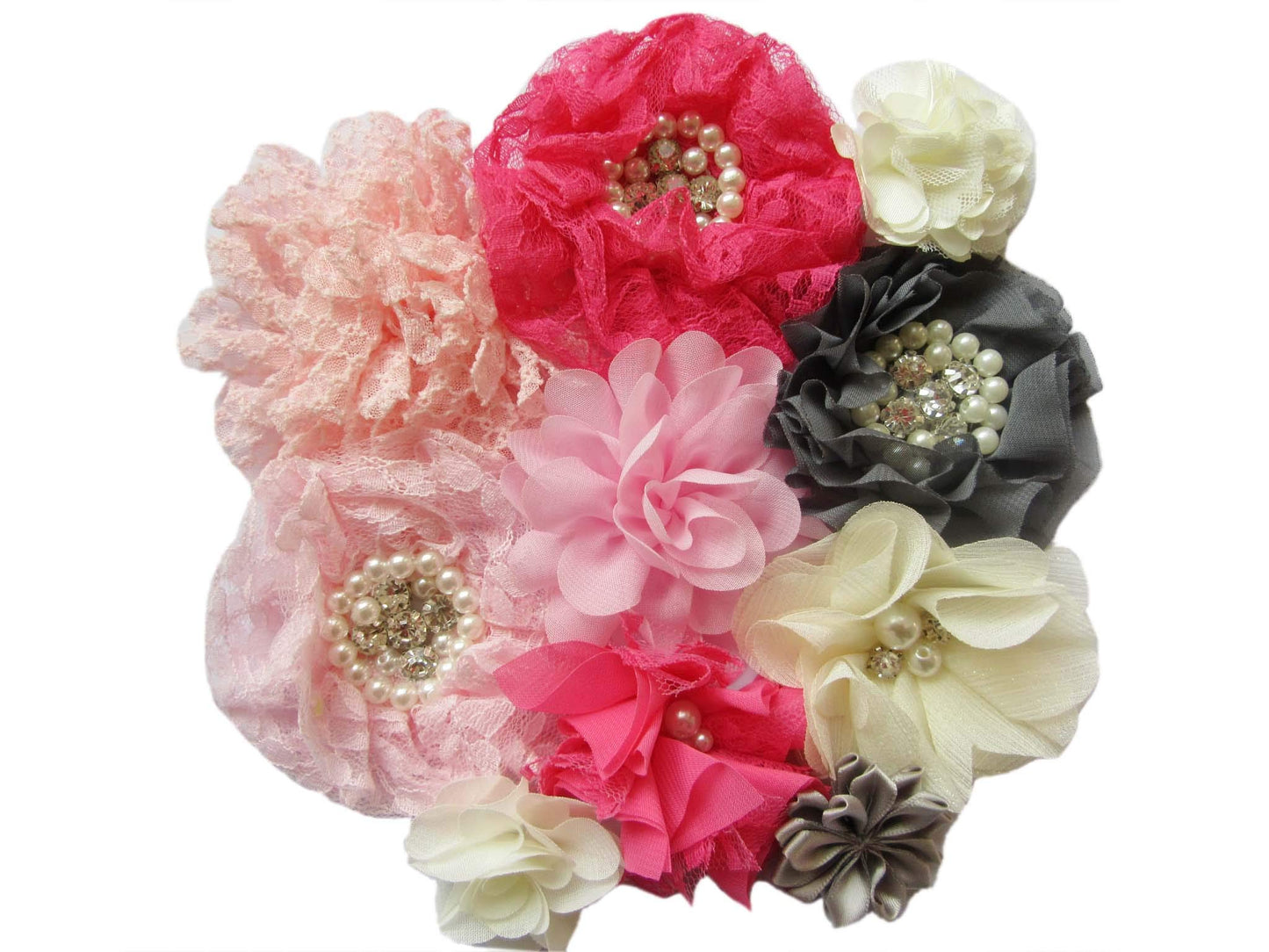 YYCRAFT 40pcs Craft Chiffon Flowers, Handmade Hair Flowers for DIY Headband Kit Bow Kit(Pink/Grey/Ivory)
