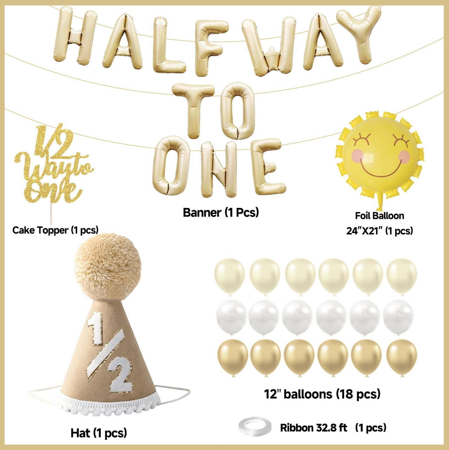 Half Birthday Decorations for Baby Girl - Khaki 1/2 Birthday Hat, Half Way to One Balloon Banner, Gold and White Balloons, 1/2 Cake Topper, Sun Balloons, 6 Months Party Supplies