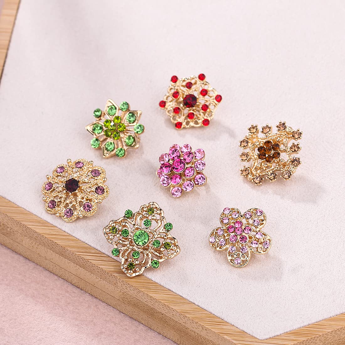 MEEJOA Brooches and Pins for Women Fashion, Multicolor Rhinestone Crystal Flower Brooch Pins for Crafts and DIY Wedding Bouquet Small Brooches Set