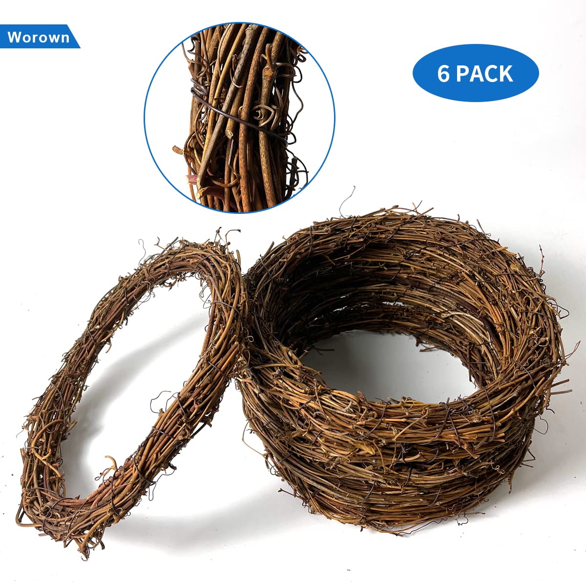 Worown 6 Pcs 10 Inch Natural Grapevine Wreaths, Vine Branch Wreath, Rattan Wreath for DIY Christmas Craft, Front Door Wall Hanging, Wedding and Party Decors