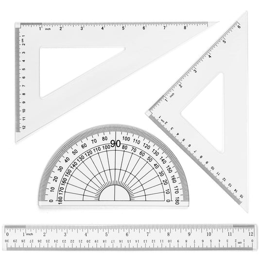 Coopay 12 Inch Math Geometry Tool Plastic Ruler Square Set Includes Straight Ruler, Triangles, Protractor for Student School Office Supplies (Clear)
