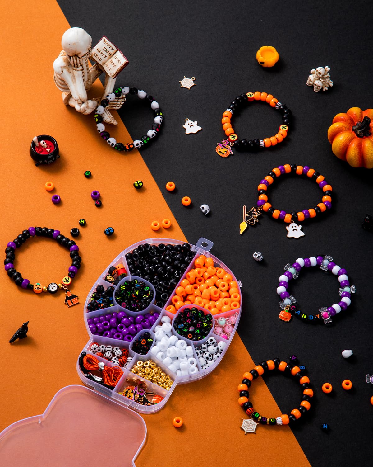 Taybonds Halloween Beads for Bracelet Jewelry Making Kit, Skull Polymer Clay Beads Pony Beads, Halloween Beads Charm for DIY Necklace Earrings, Gifts for Party