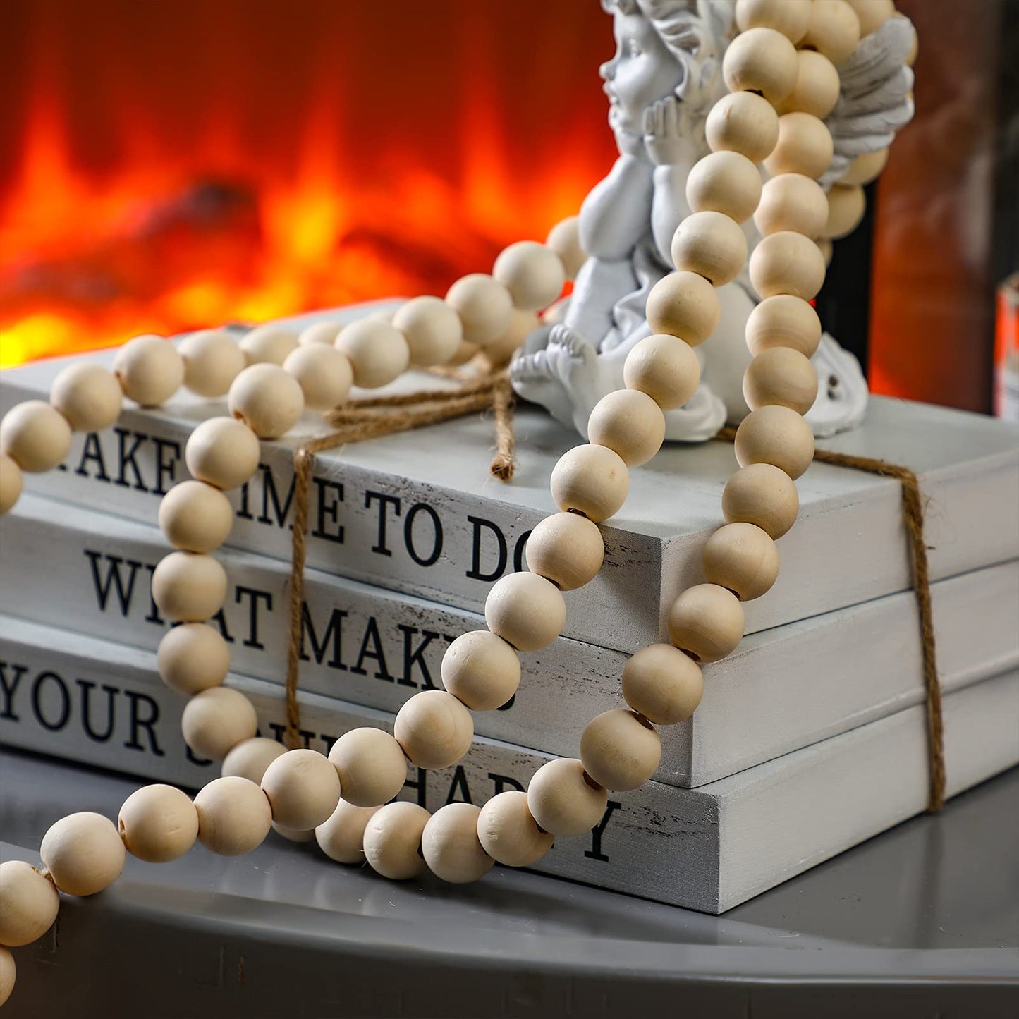 Jetec Decorative Display Books Hardcover, Faux Farmhouse Stacked for Coffee Tables Shelves with Wood Bead Tassels 58 Inch, 3 Pieces, White(Take Time to do, What Makes, Your Soul Happy)