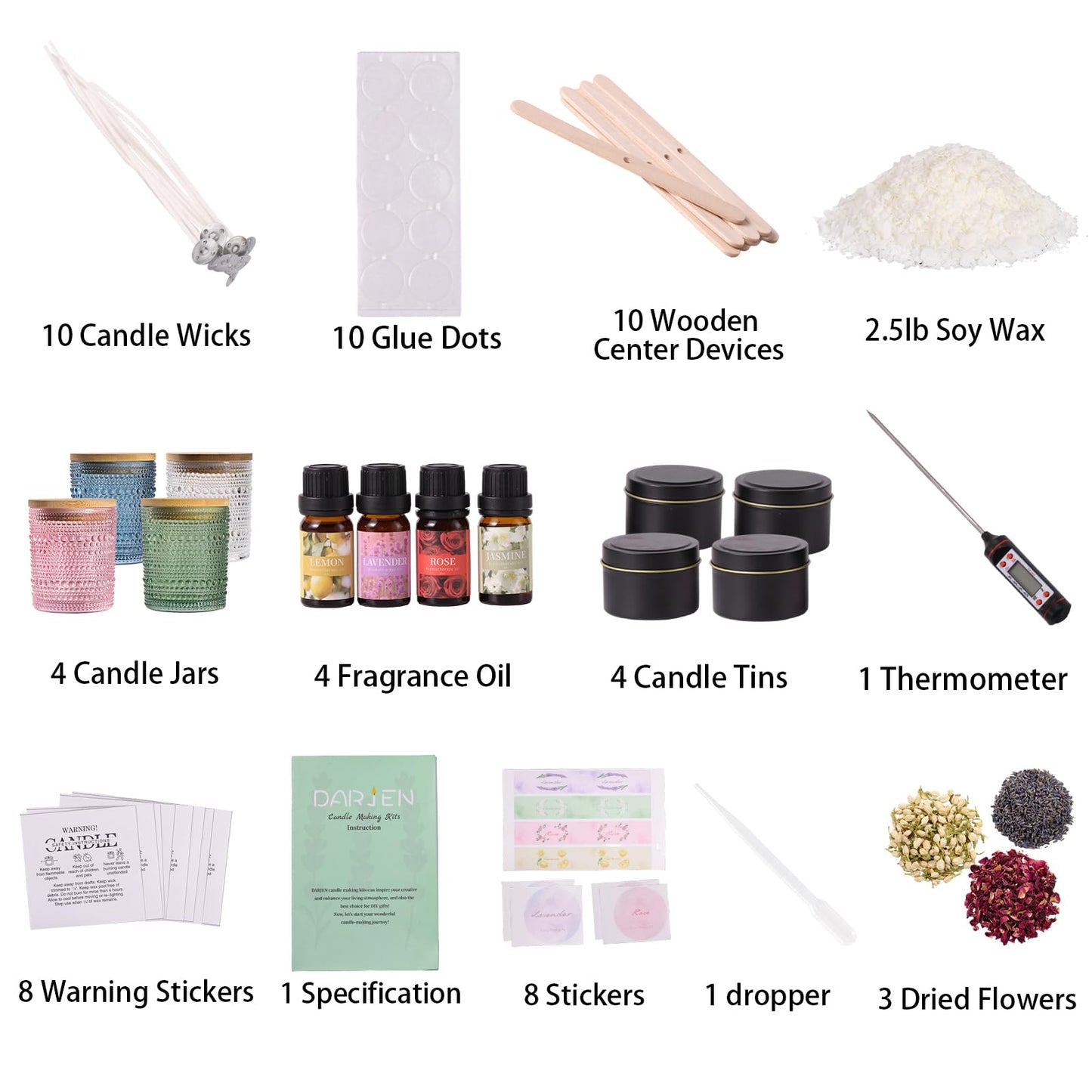 DARJEN Candle Making Kits for Adults - Candle Making Supplies with 4 Candle Jars(Clear, Pink, Blue, Green), Candle Tins, Soy Wax, Scents, Dried Flower & More, DIY Starter Candle Making Kit Home Decor
