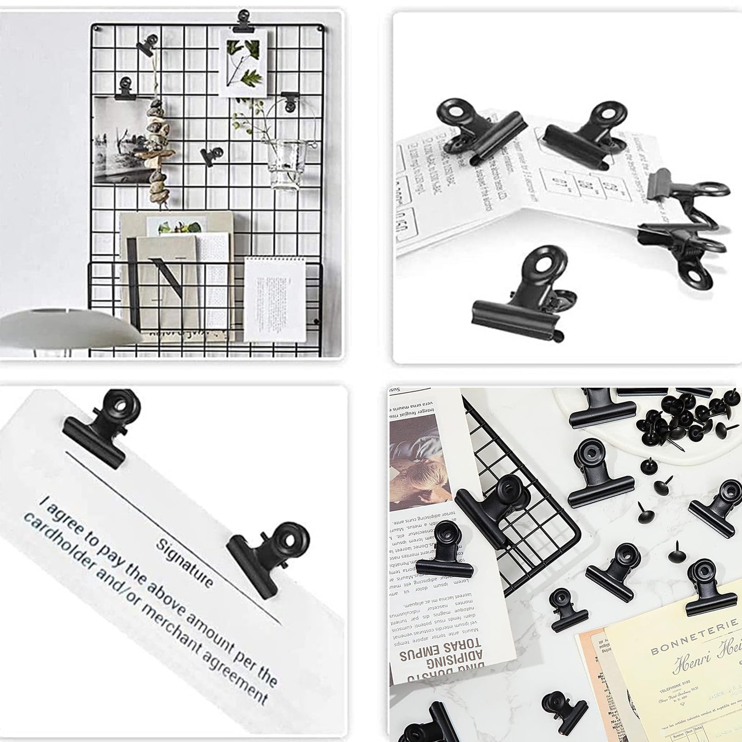 Bulldog Clips with Hole for Push-pin, Paper File Clips with Strong Spring, Small Metal Binder Clips, Seal Clamps for Coffee Tea Food Bags, Decorative Clips for DIY Photo Grid (Black,2inch)