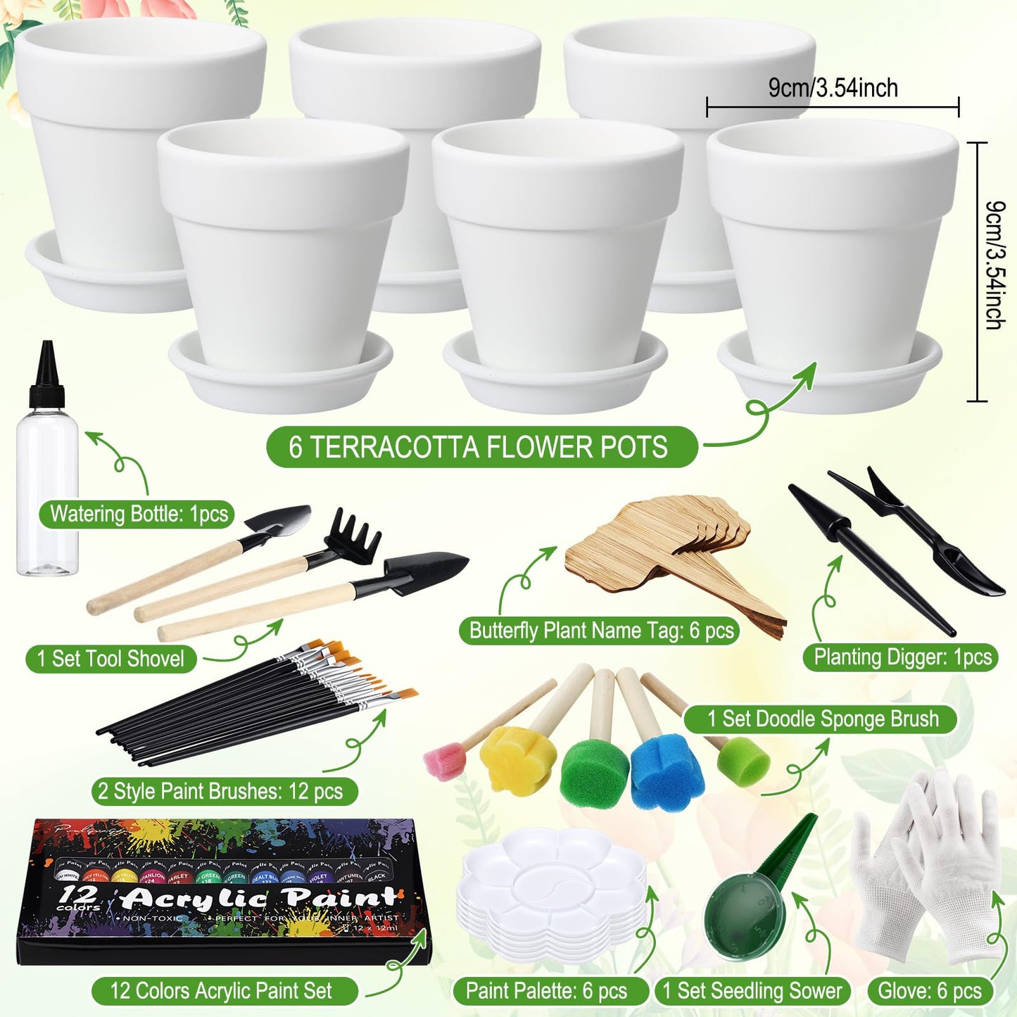 Ferrochef 6 Sets DIY Flower Pot Painting Kit 6 White Terracotta Flower Pots with Saucer Planting Gardening Tools 12 Color Acrylic Paints Set Plant Growing Crafts Spring Garden Gift