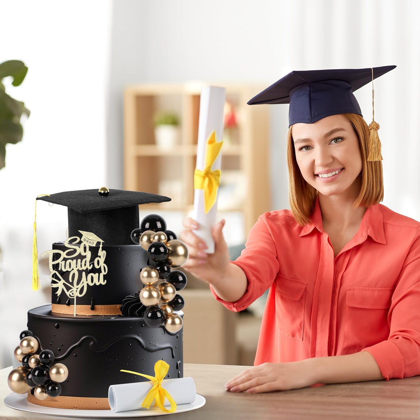 43Pcs Graduation Cake Kit Included Felt Grad Cap with Tassel Gold Black Balls Graduations Party Supplies So Proud of You Cupcake Topper for Congrats Senior High School College Parties Decor(Gold)