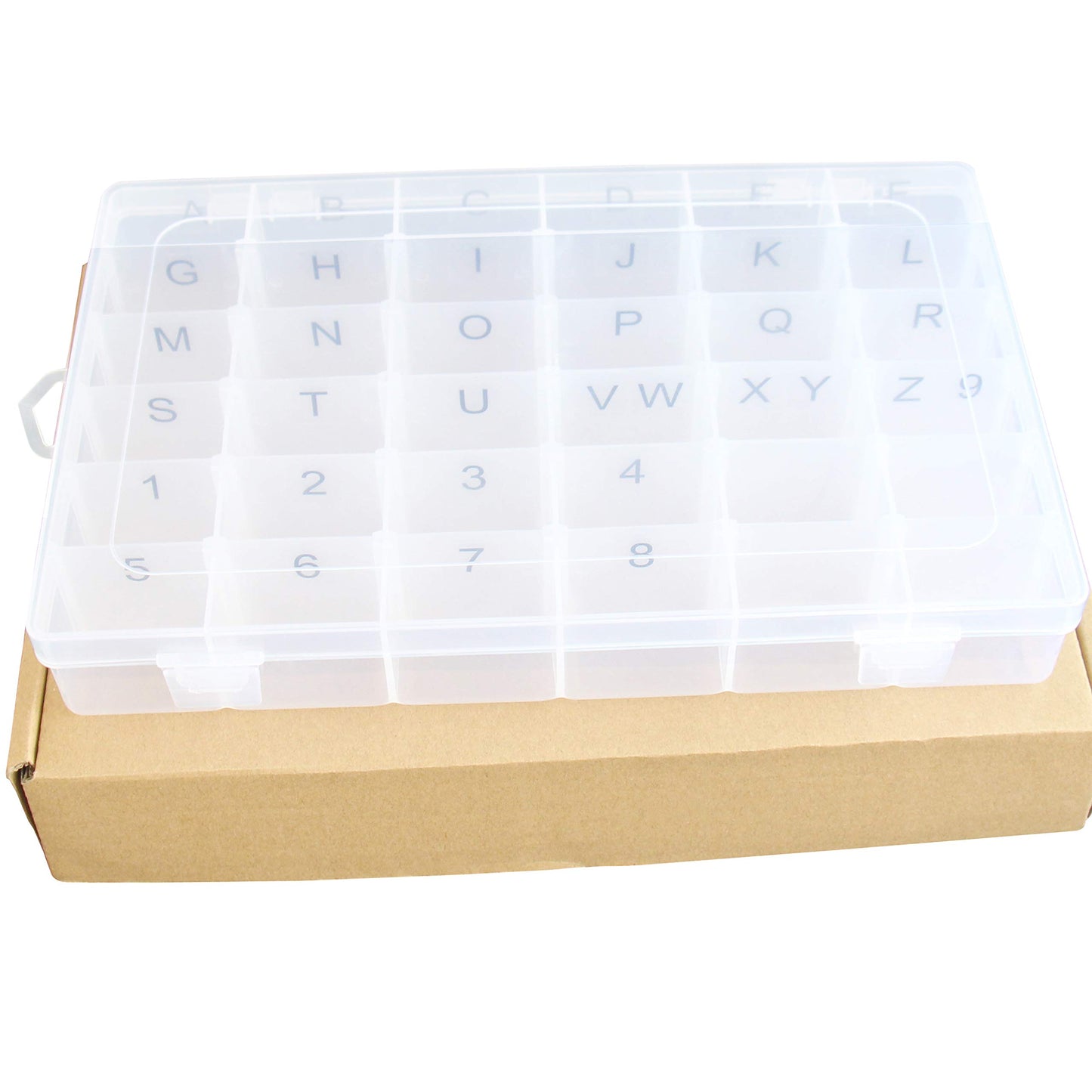 Plastic Organizer Container Box with Adjustable Dividers - 36 Compartments for Letter Board Letters - Stickers Pre Applied to Dividers