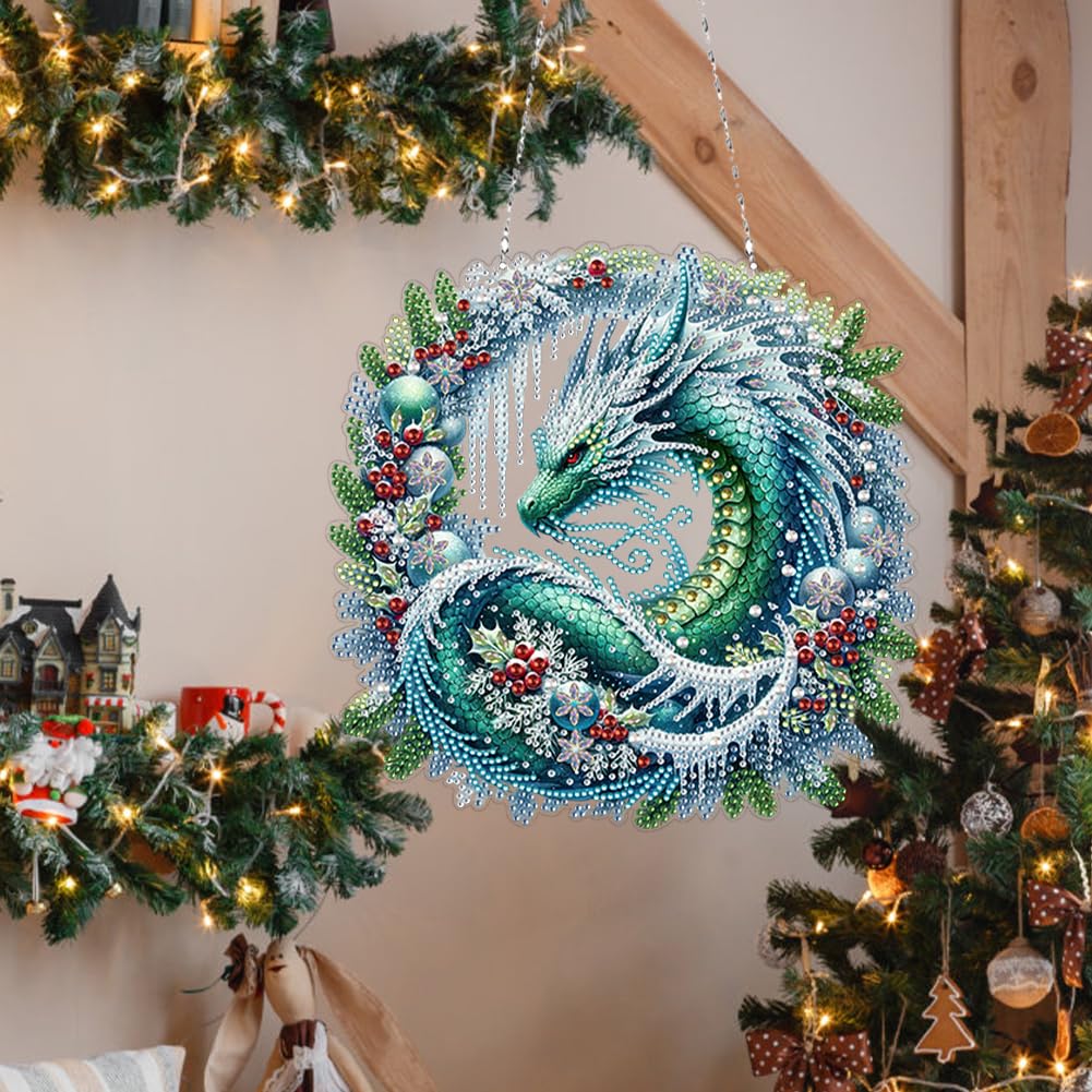 5D Diamond Art Painting Kits Hanging Pendant Dragon Wreath, DIY Crystal Art Hanging Sign Special Shaped Gem Art Ornament Kit for Home Décor and Gift, Double Sided, Box Package
