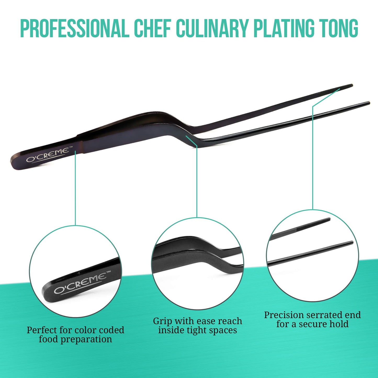O'Creme 8 Inch Black Stainless Steel Precision Kitchen Culinary Offset Tweezer Tongs