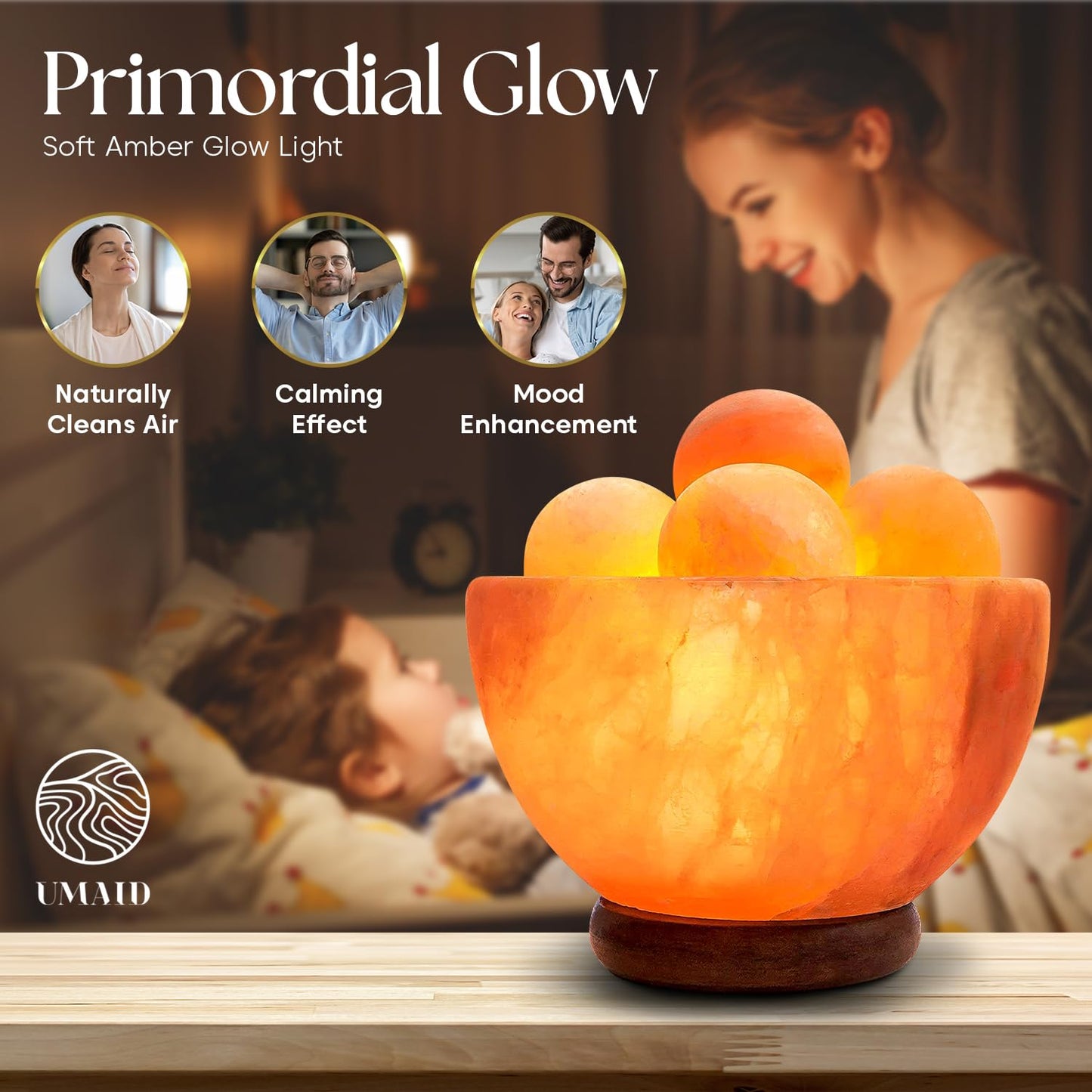 UMAID Himalayan Salt Lamp Bowl with 6 Himalayan Massage Balls, Dimmable Pink Rock Salt Lamp Light for Bedroom, Office Desk & Meditation Room, Unique Spa Home Decor Relaxation Gifts for Men & Women