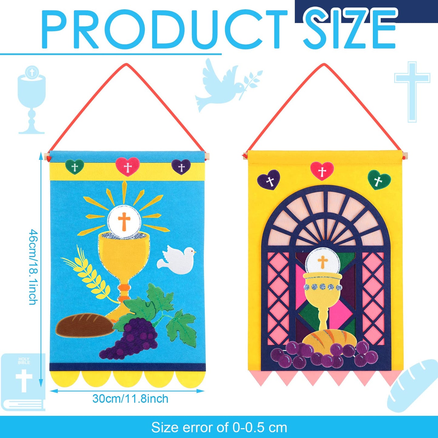 Oudain 2 Sets 12 x 18 Inch First Communion Banner Kit for Boys Girls Catholic Christian Religious Crafts Felt Banner DIY Pew Decoration Holy Communion Gifts for Church Sunday School Crafts Art Decor