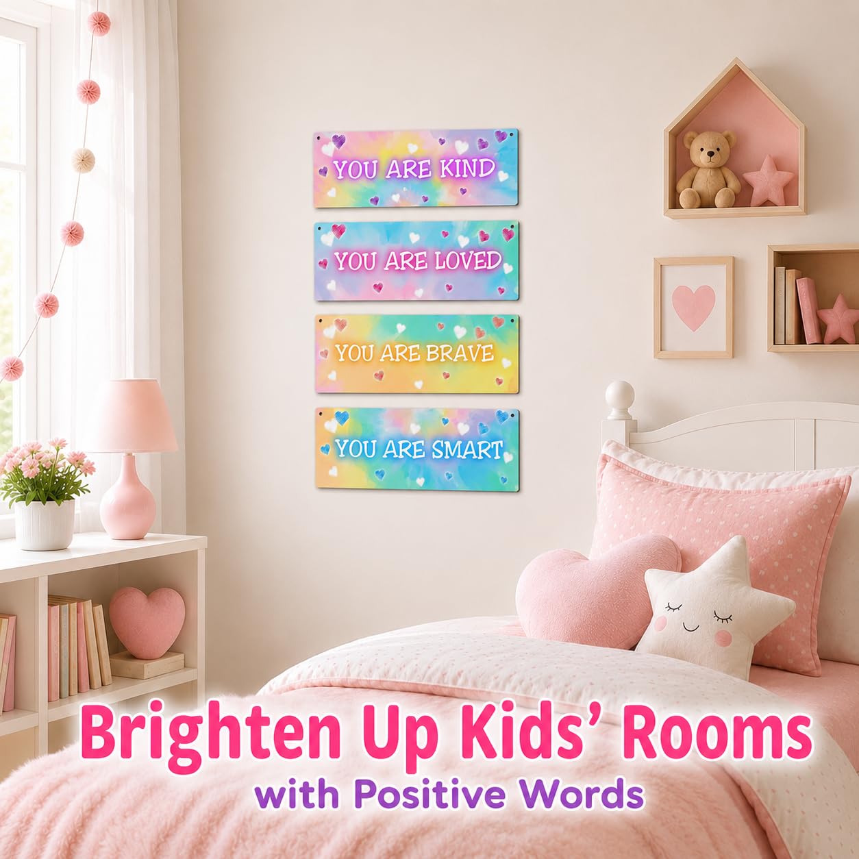 4 Pieces Tie Dye Kids Room Wall Decor Wooden Signs, Motivational Wall Art for Girls Bedroom, Nursery, Playroom, Classroom Decor, You Are Loved Brave Kind Smart(Sign-04)
