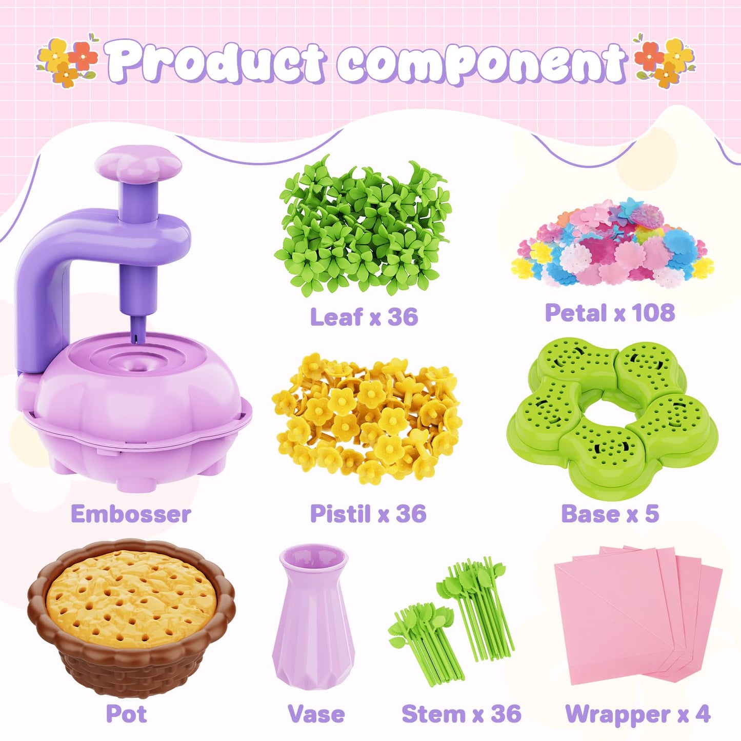 FUNZBO Craft for Girls Kids Ages 6-8-12 - Fabric Flower Making Bouquets Kit, Birthday Gifts for Age 3 4 5 6 7 Years Old Girl, Toddler Spring Summer Garden Toy