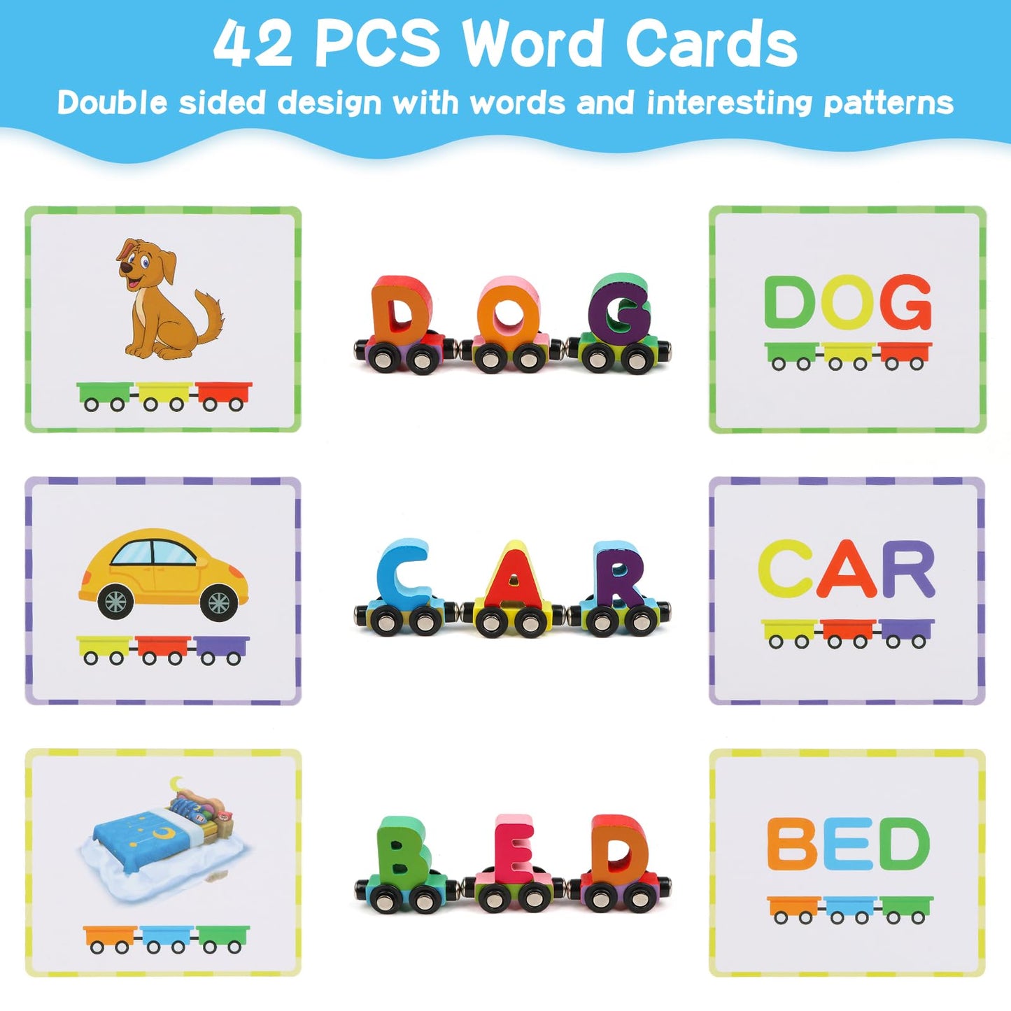 Wondertoys Wooden Alphabet Train Toy 27 PCS Magnetic Alphabet ABC Letter Train Set Includes 42 PCS Flash Cards, 1 Engine and 1 Storage Box for Toddlers Kids Boys and Girls