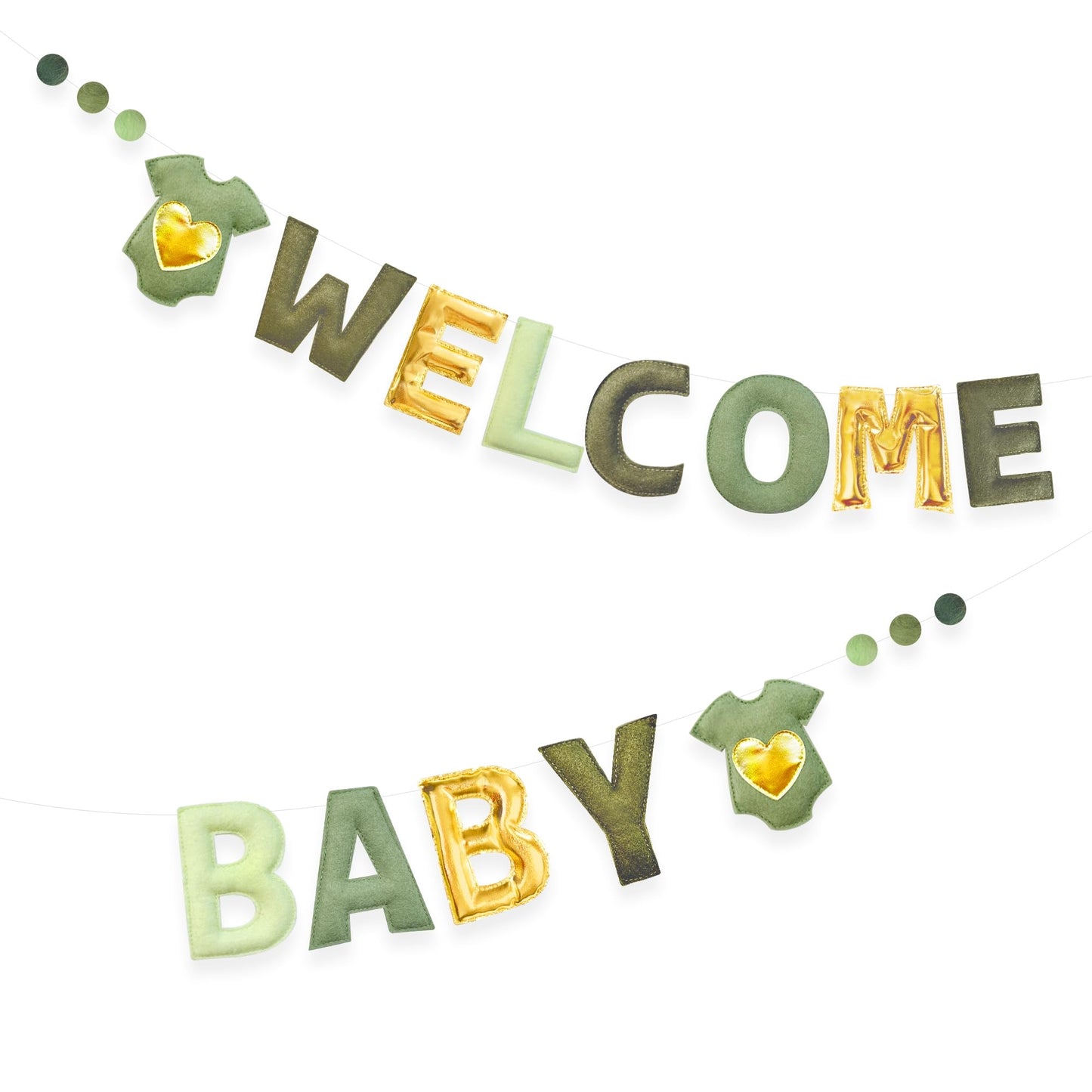 Sage Green Gold Baby Shower Decorations Pre-Strung Handmade Felt Metallic Gold Welcome Baby Sign Baby Clothes Wool Felt Ball Banner for Neutral Baby Shower Party Nursery Home Fireplace Room Decor