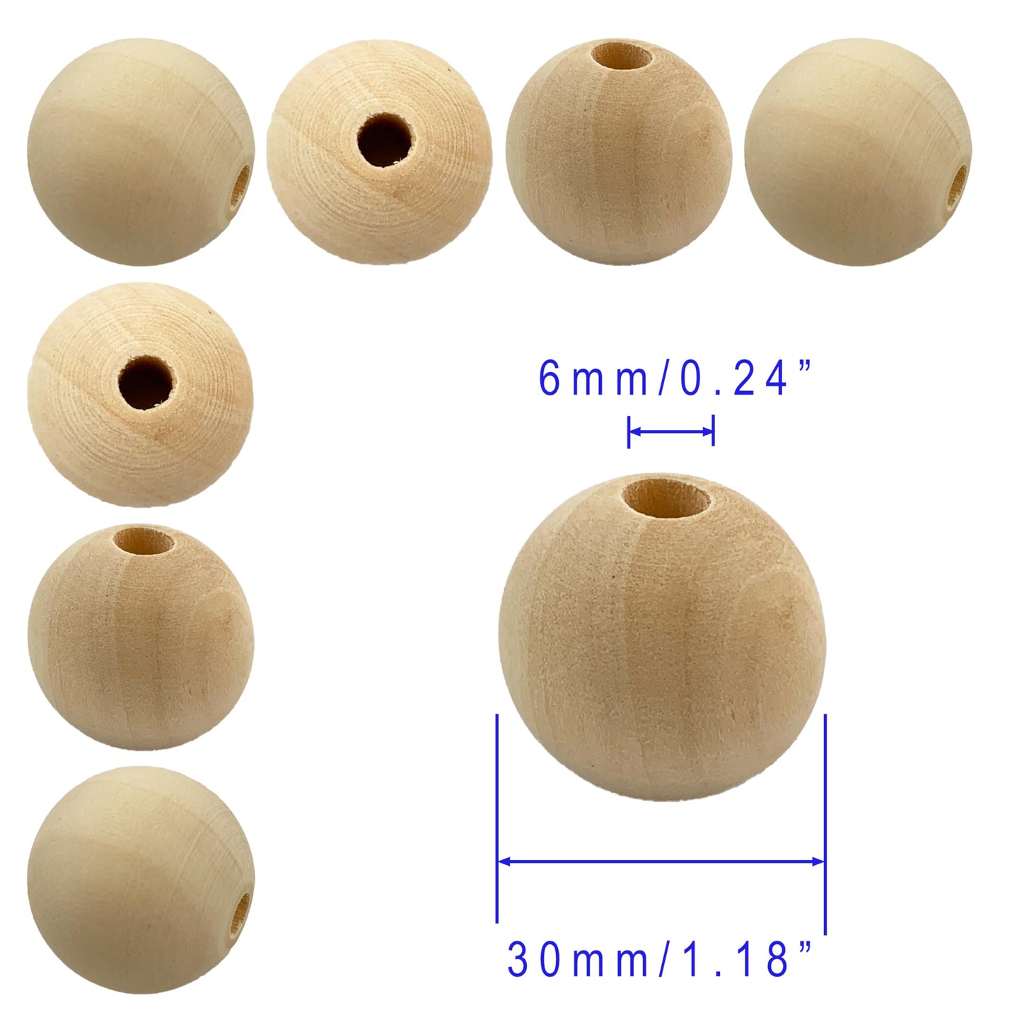 50 Pieces Unfinished Round Wood Beads with Hole, Natural Wood Loose Spacer Beads for DIY Crafts, Garlands, Jewelry Making (30mm)