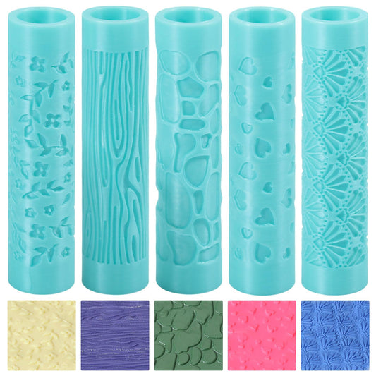 ORIGACH 5 Pcs Polymer Clay Texture Roller for Earring Making, Pottery Tools Texture Roller for Clay Jewelry Making Texture Pattern-Heart, Leaves and Flowers, Cobblestone, Wood Grain, Fan Shape